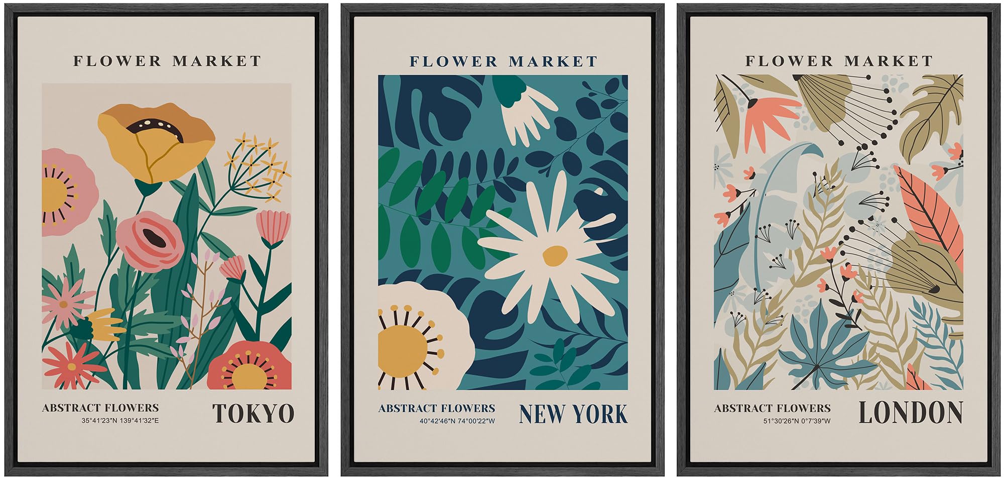 Wall26 Framed Canvas Print Wall Art Set Colorful Flower Market Exhibition Prints Nature Wilderness Illustrations Modern Art Deco