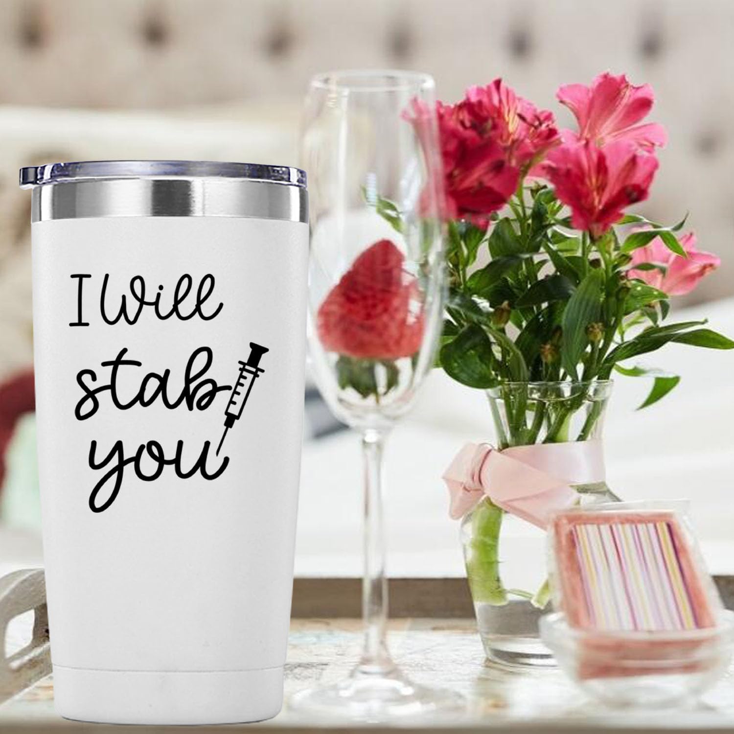 Nurse Gifts.I Will Stab You Tumbler Gifts.20 Oz (White)Nursing Graduation Mug Gift For Nurses Birthday Christmas Appreciation Gi