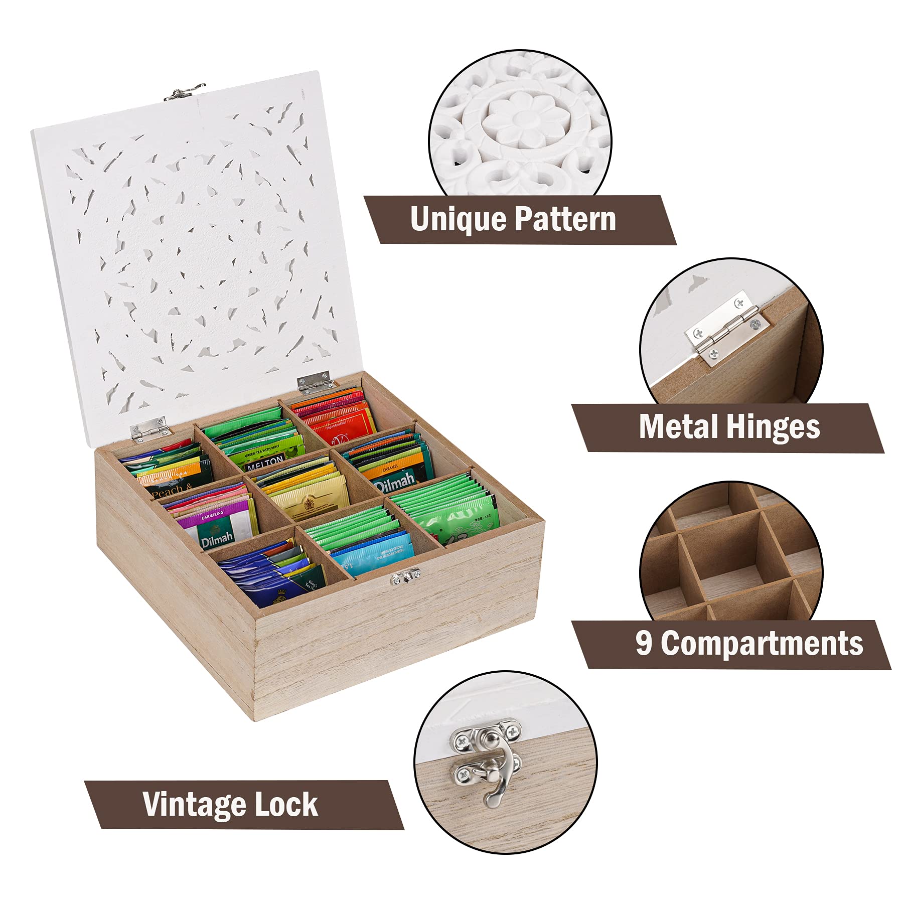 Handrong Tea Box Tea Bag Organizer Tea Bag Holder Tea Caddy Wooden Tea Chest With Floral Design, 9 Compartments For Home, Office
