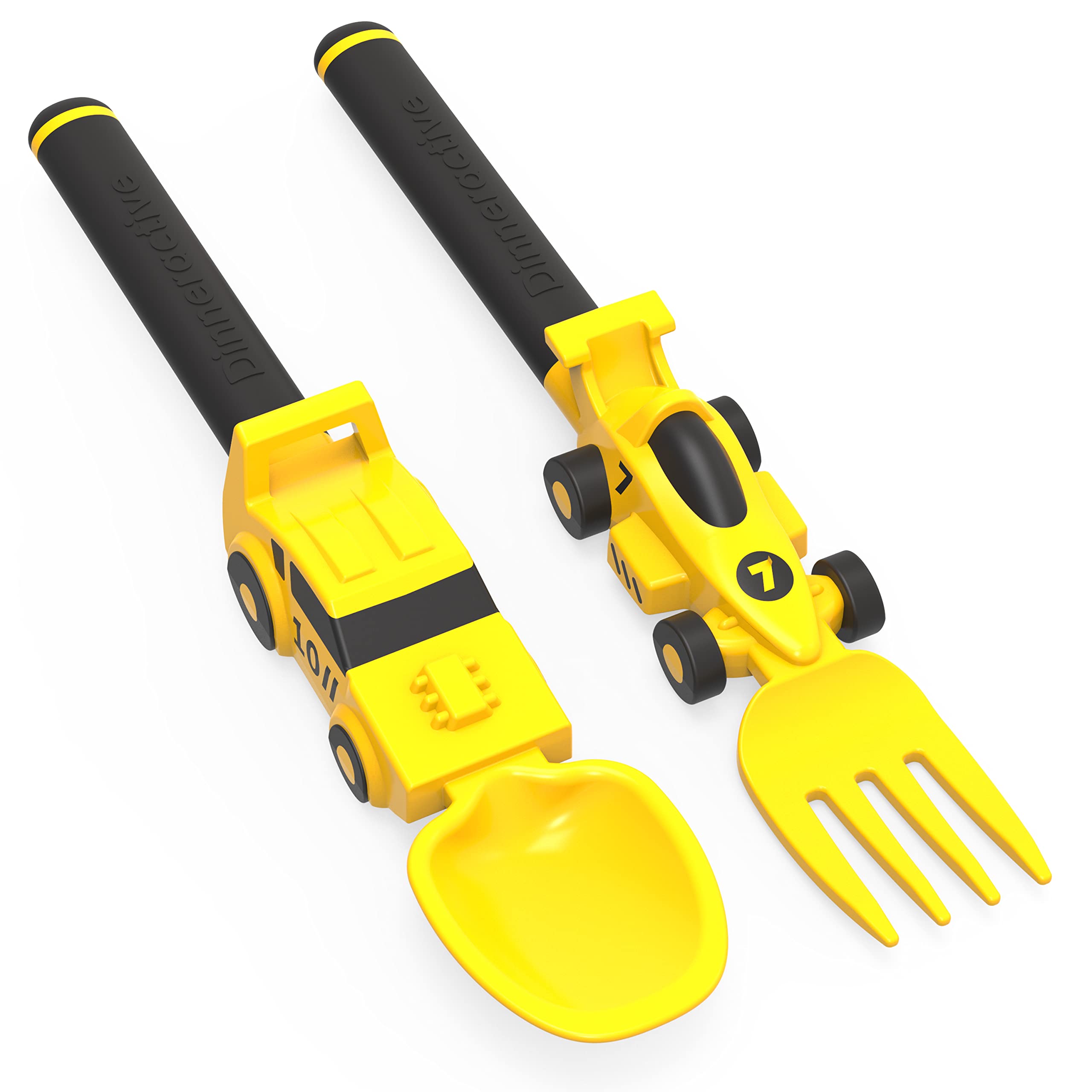 Dinneractive Utensil Set for Kids - Yellow Race Car Themed Fork and Spoon for Toddlers and Young Children - 2-Piece Set
