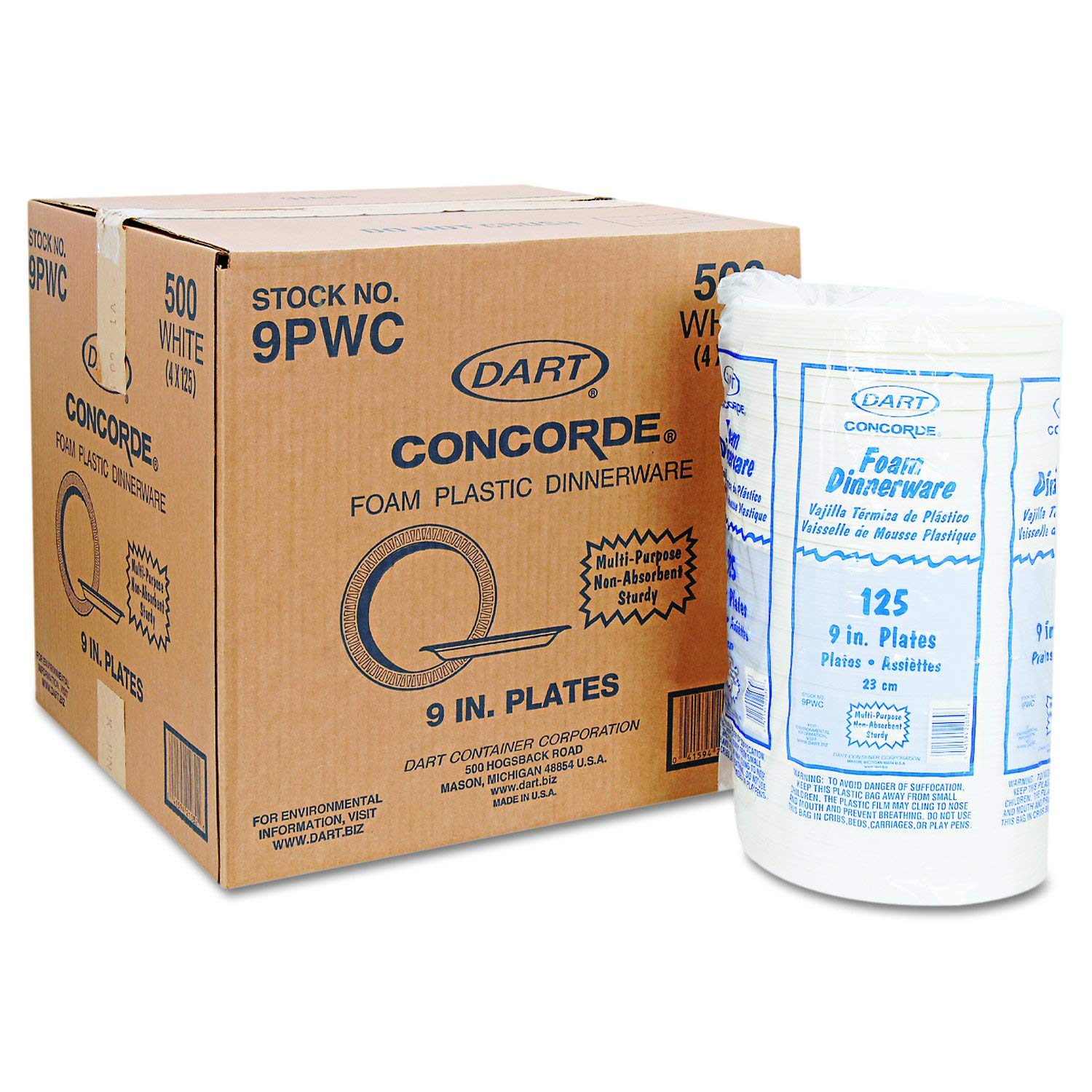 Dart 9Pwcr Concorde Foam Plate 9-Inch Dia White 125/Pack 4 Packs/Carton