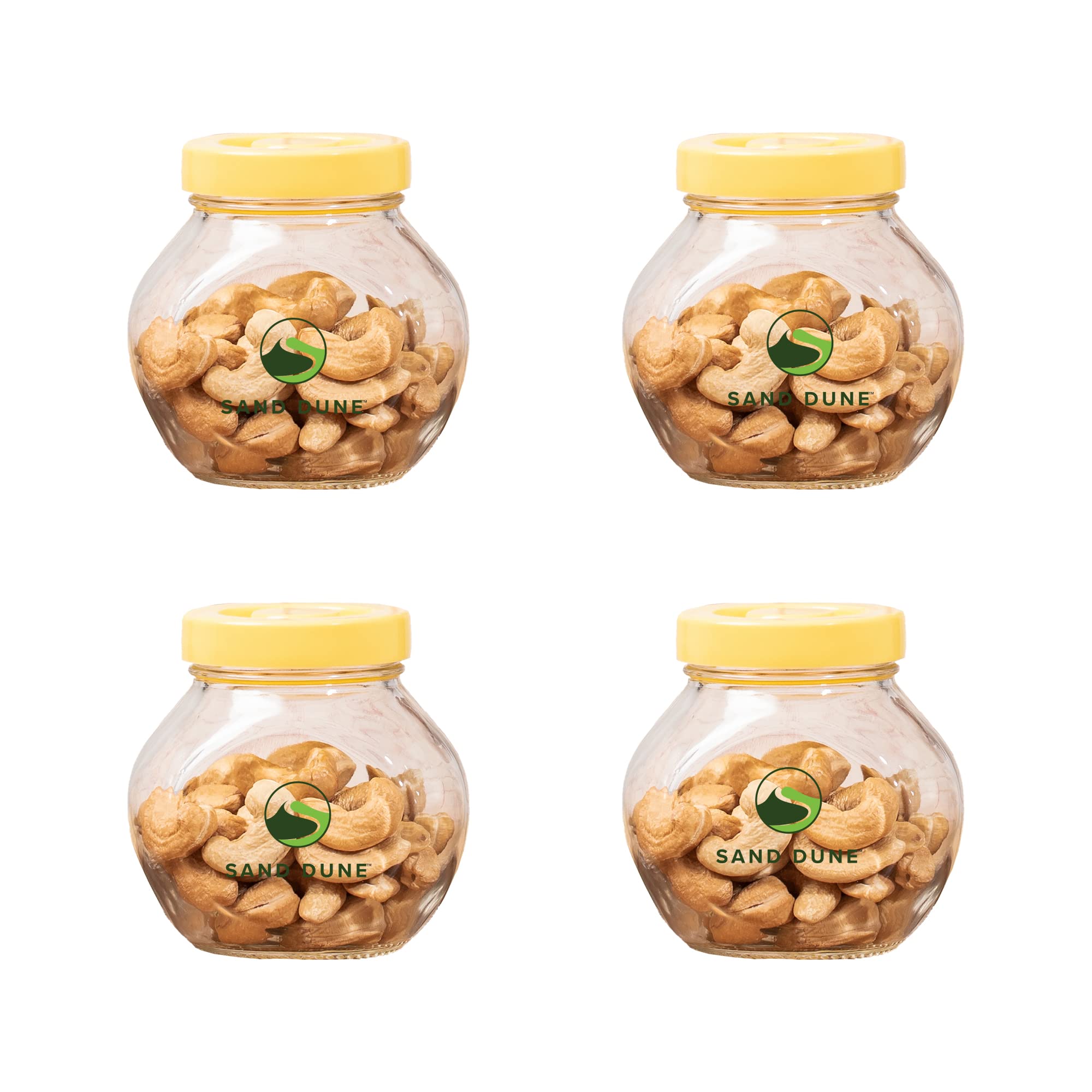 Sand Dune Set Of 4, 200 Ml Each Storage Glass Jar Yellow Plastic Cap, Transparent | Bpa Free | Storage Jar Containers/Barni For 
