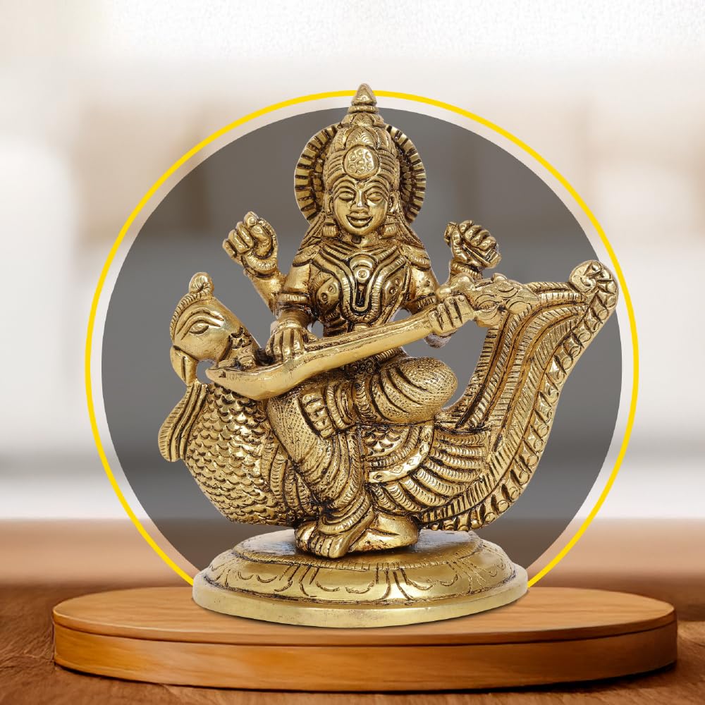 10Club Goddess Saraswati Idol - 1Pc (11.5 cm, 850 Grams) - 100% Pure Brass | Saraswati Sitting on a Peacock for Desk, Pooja, Hom
