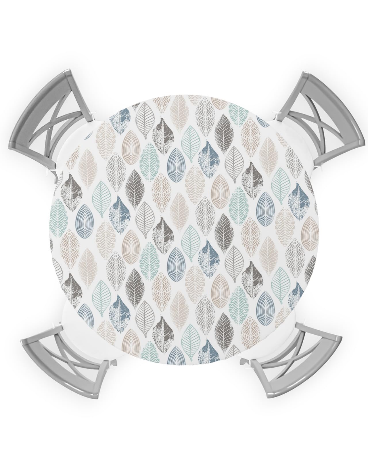 EwdeWwo Abstract Leaf Elastic Round Tablecloth, Teal Blue Green Brown Leaf Modern Art Plants Fitted Tablecloths for Round Table 