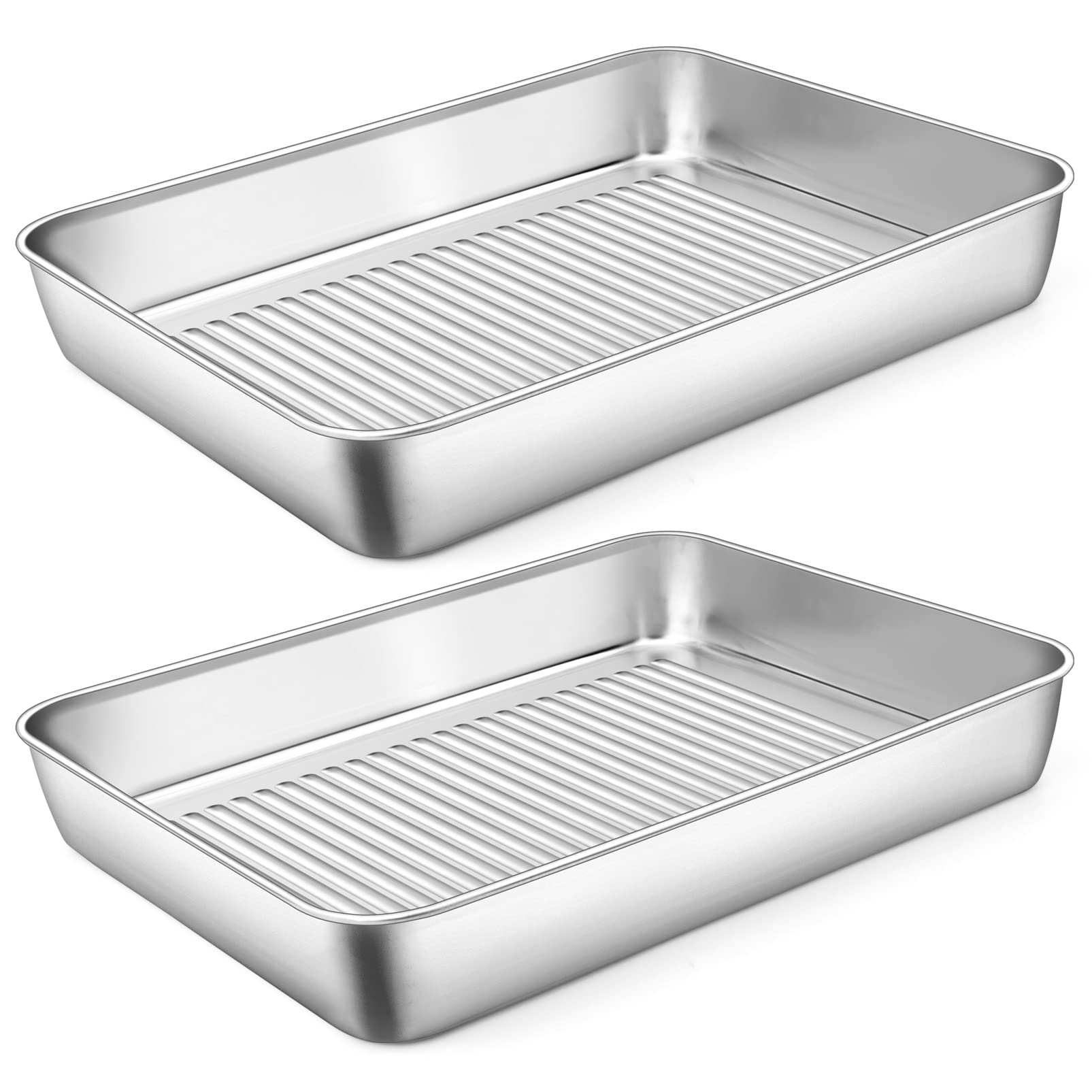 12.4 Inch Deep Baking Pan Set Of 2, P&P Chef Stainless Steel Sheet Cake Lasagna Pan For Toaster Oven, Rectangle Baking Trays For