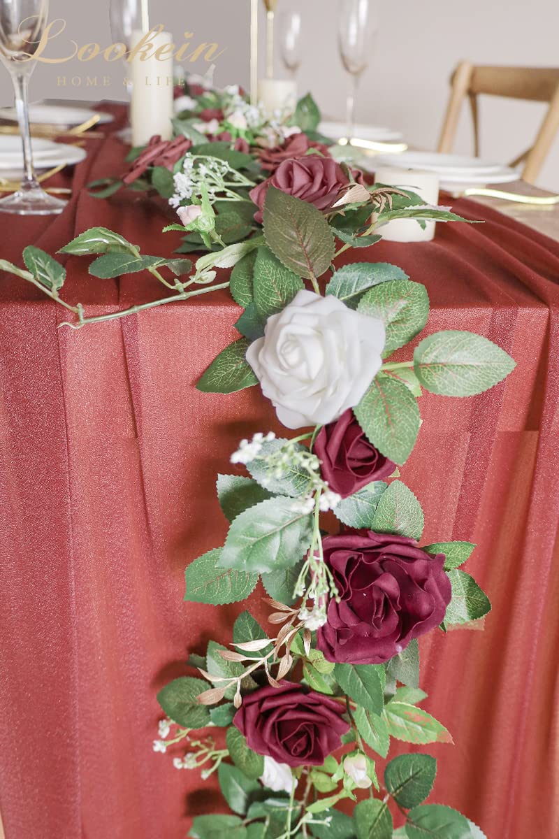 Lookein 10 Feet Burgundy Chiffon Table Runner Sheer Wedding Table Cloth 29X120 Inches Rustic Wedding Decorations French Chiffon