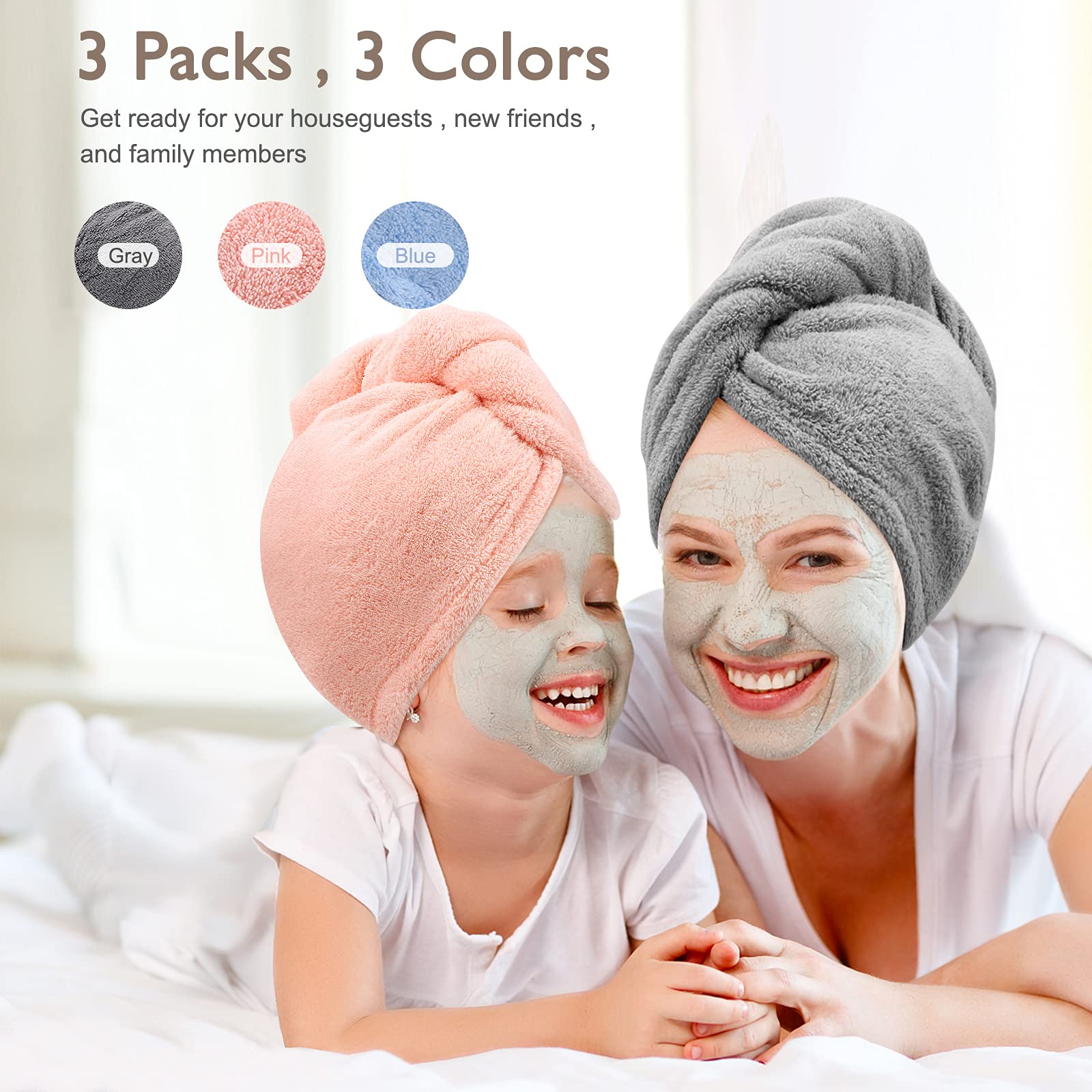 BEoffer 3 Pack Microfiber Hair Towel Wrap Super Absorbent Twist Turban for Women Fast Drying Hair Caps with Buttons for Drying C