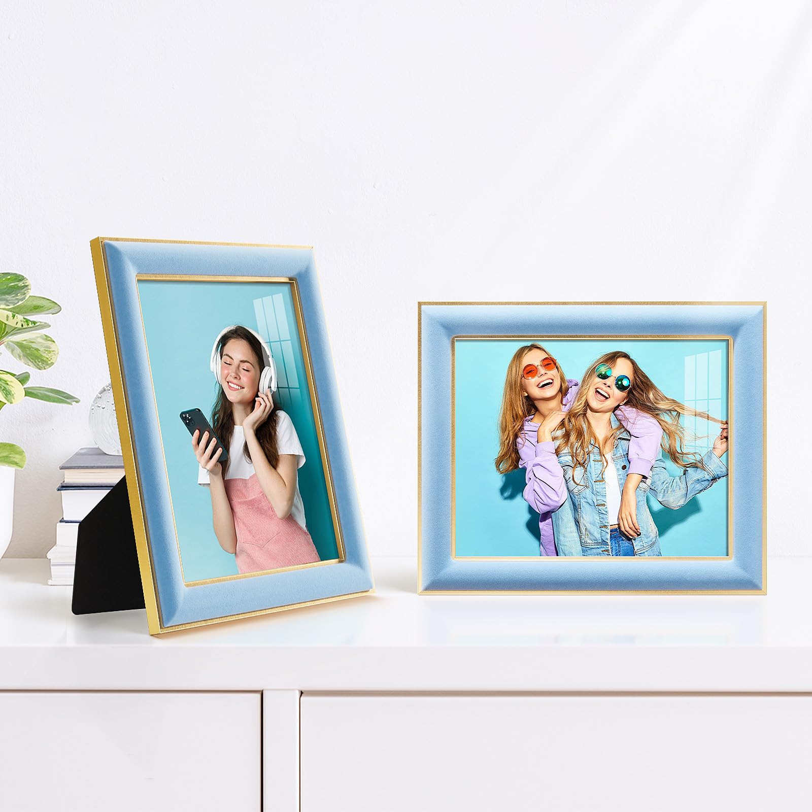 KSROECUD 8x10 Velvet Picture Frame with 2 Opening 4x6 Picture, HD Real Glass Spruce Blue Velvet Photo Frame with Black White Bor