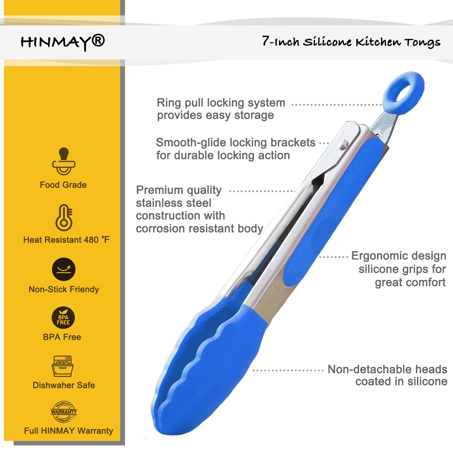 Hinmay Small Tongs With Silicone Tips 7-Inch Serving Tongs, Set Of 3 (Blue)
