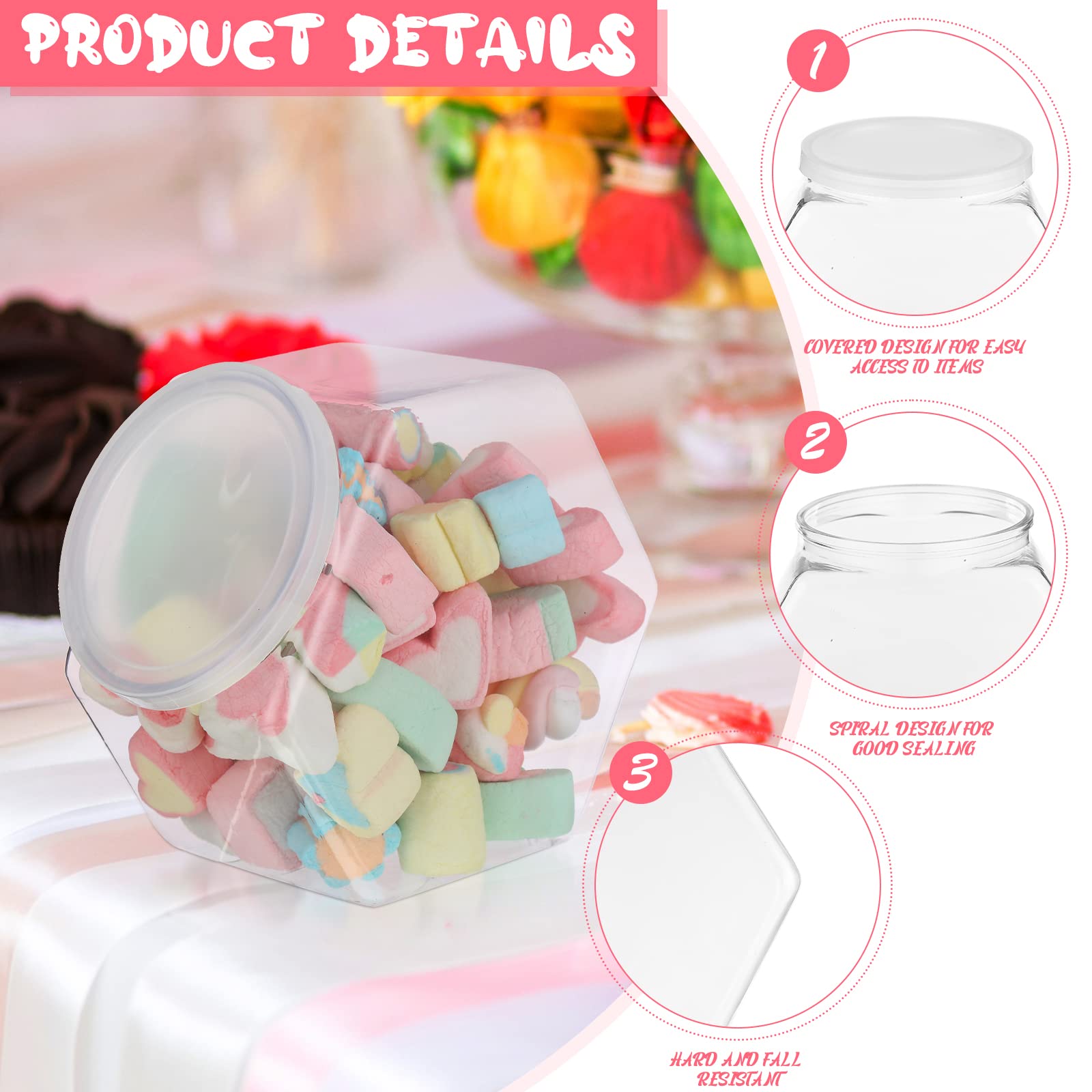 Yahenda 8 Pcs Hexagon Plastic Jars Cookie Jars With Airtight Lids Clear Candy Jar Wide Round Mouth Snacks Dog Food Candy Contain