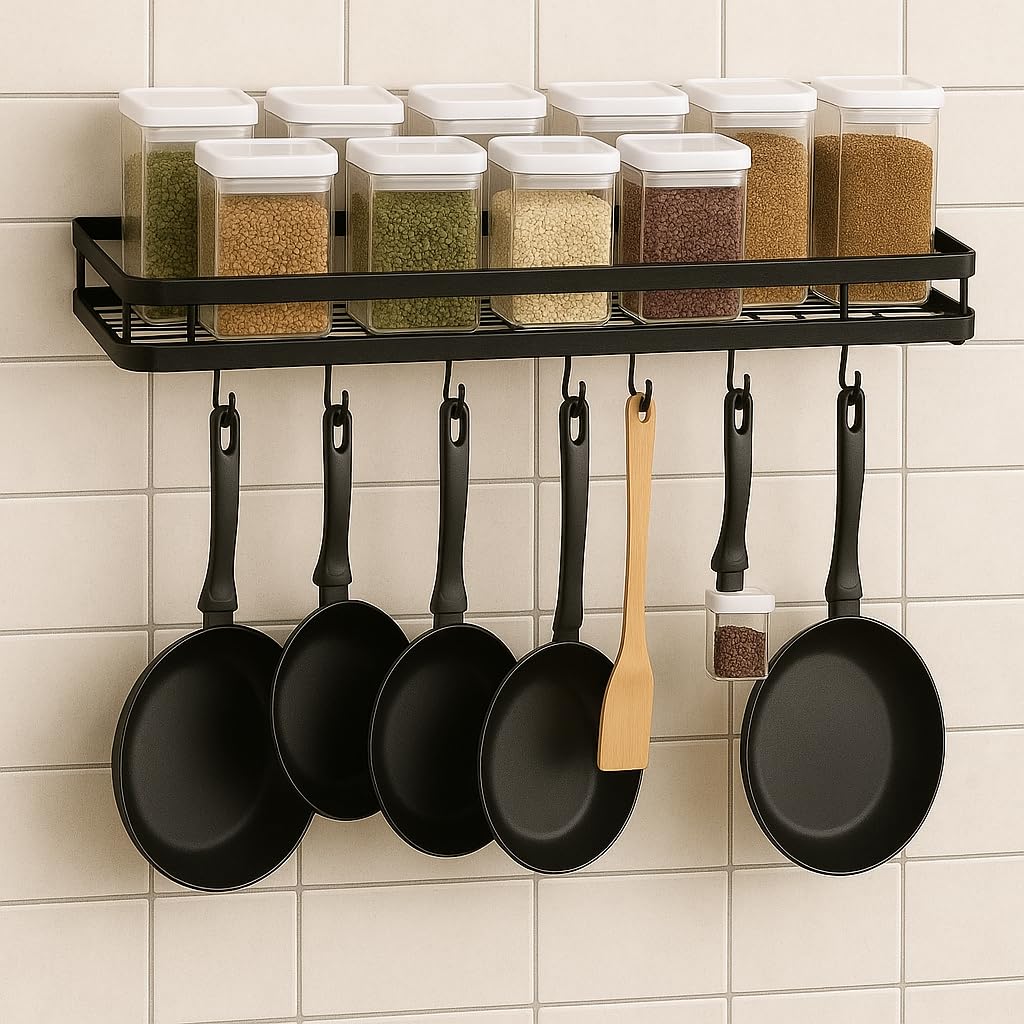 Craft Expertise WallMounted Pan & Pot Rack  Black Iron Kitchen Organizer With 7 SHooks | SpaceSaving Hanging Rack For Utensi