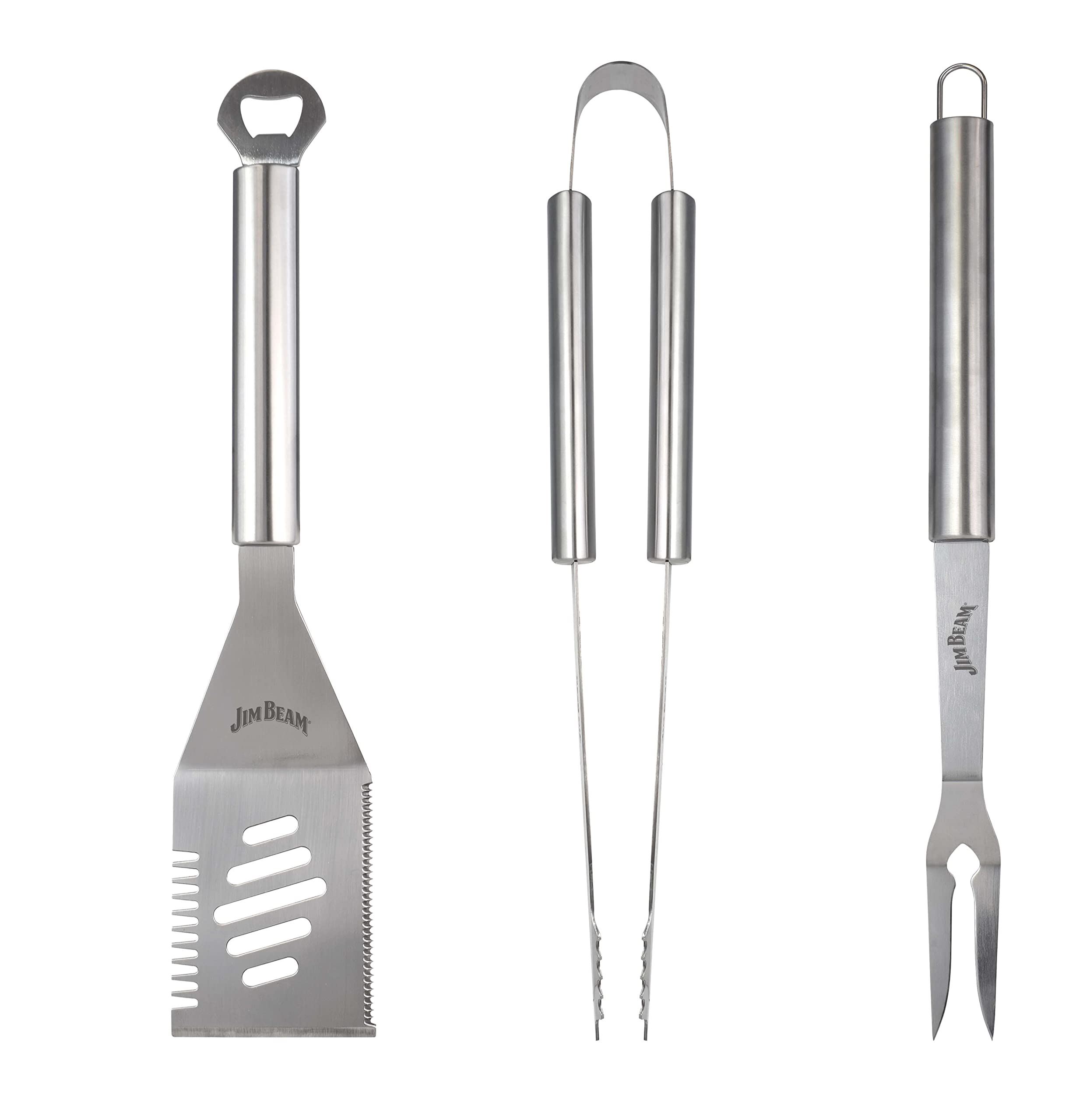 Jim Beam 3 Pack 3 Piece Stainless Steel Tool Set, Accessories, Outdoor Cooking, Camping And Bbq-Grilling Fork, Pair Of Tongs And