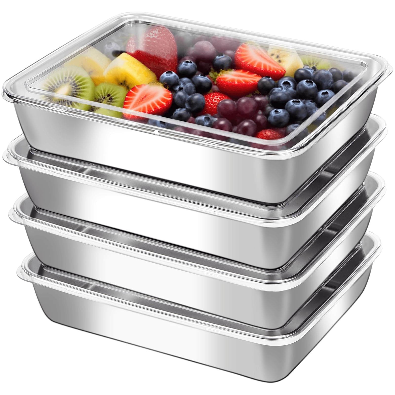 ACTUKSX 4 Pcs Stainless Steel Food Containers with Clear Lids, Stackable Snack Storage Boxes, Deli Meat Keeper for Refrigerator 