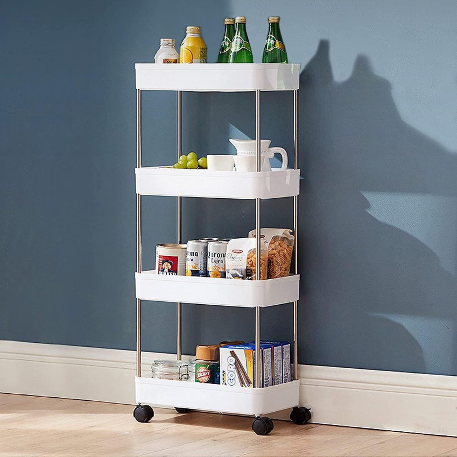 Pulsbery Multipurpose Plastic Trolley With Dish Rack For Kitchen Fruit Vegetable Storage Basket Modern Organizer  4 Layer Stack