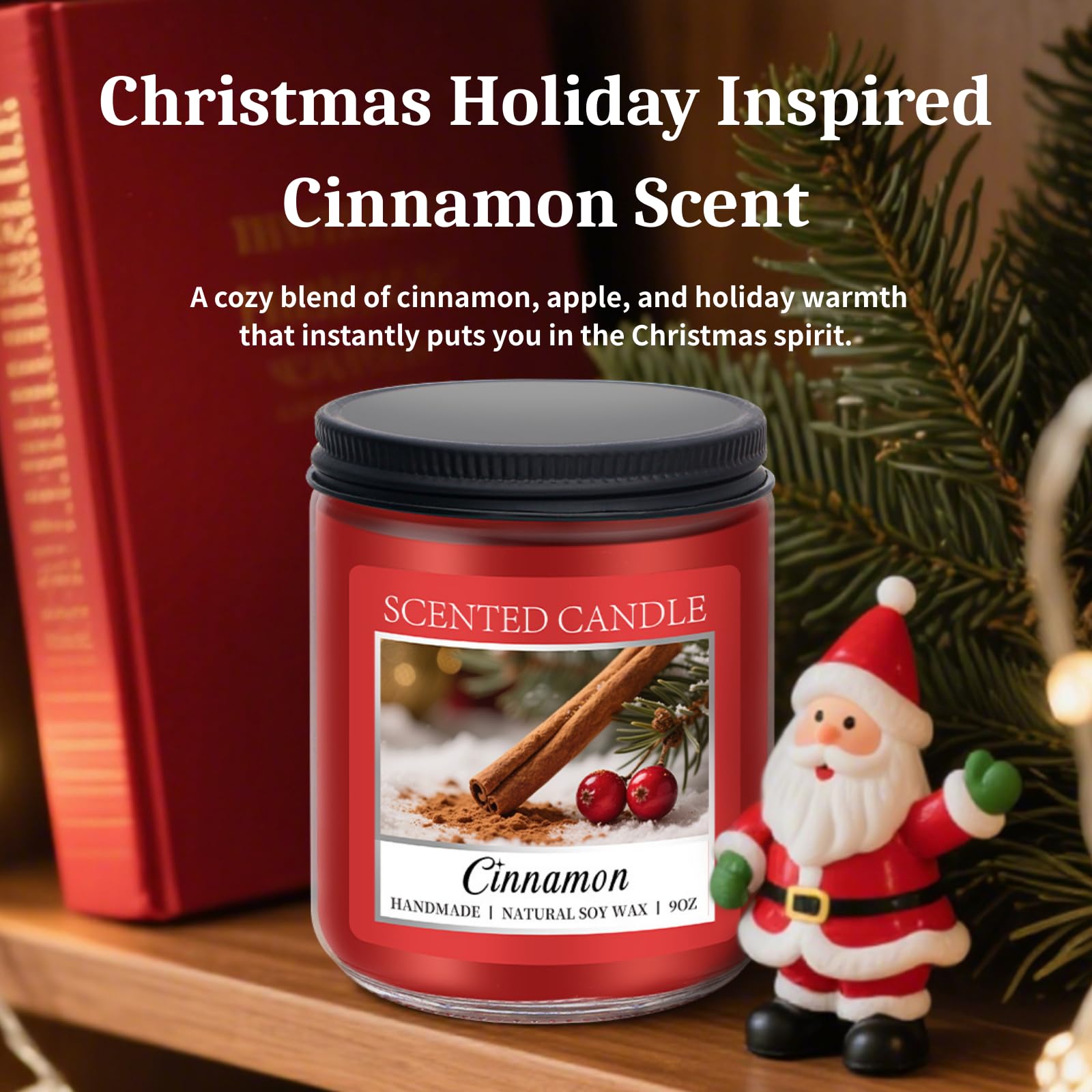 Homsolver Cozy 9OZ Cinnamon Candle Scented Strong, Christmas Candles Cinnamon Stick Apple Scented with 50+ Hours of Burn Time, F