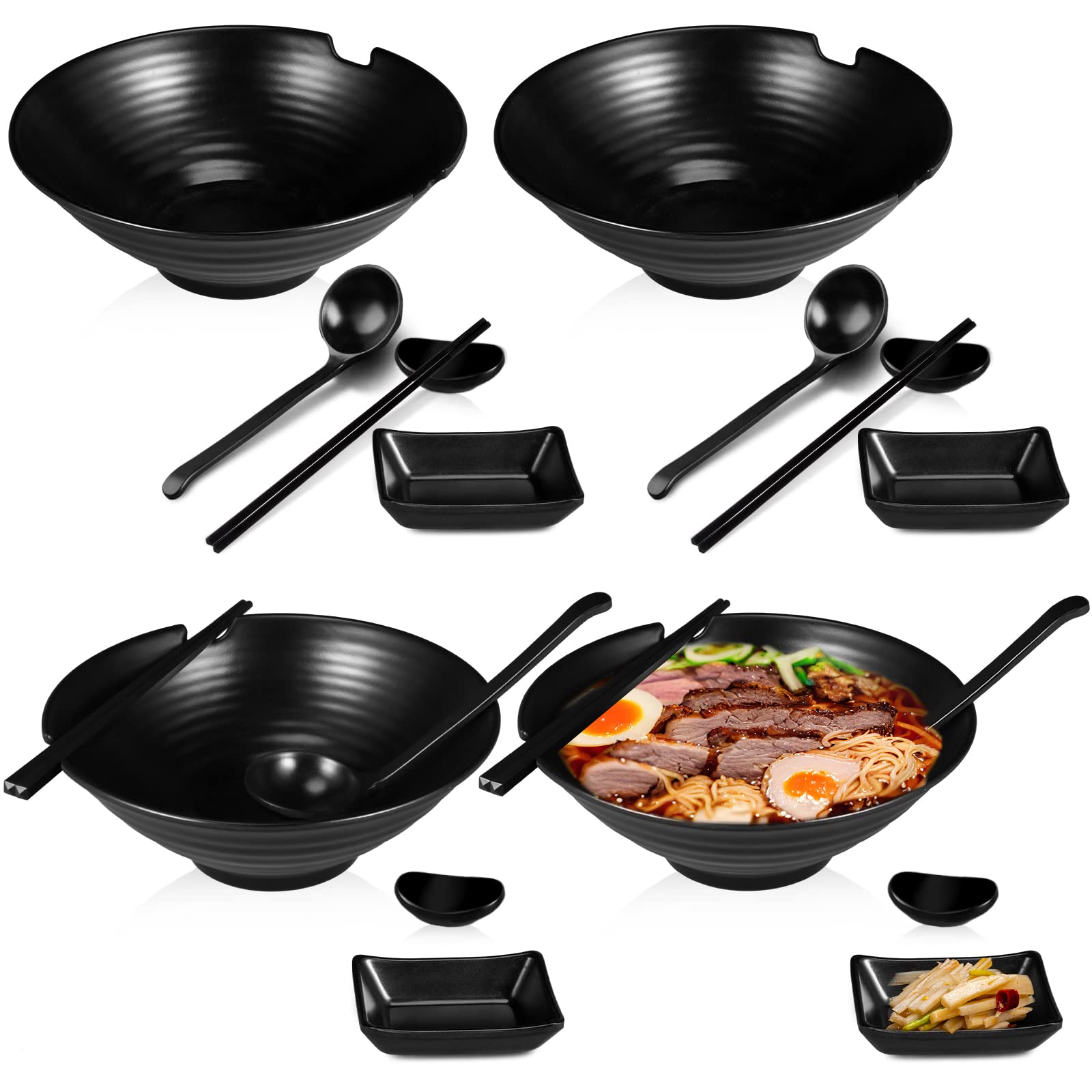 Didaey 4 Sets Japanese Ramen Bowl Set 37 oz Black Large Ramen Noodle Bowl Asian Chinese Korean Miso Soup Bowl with Spoons Chopst