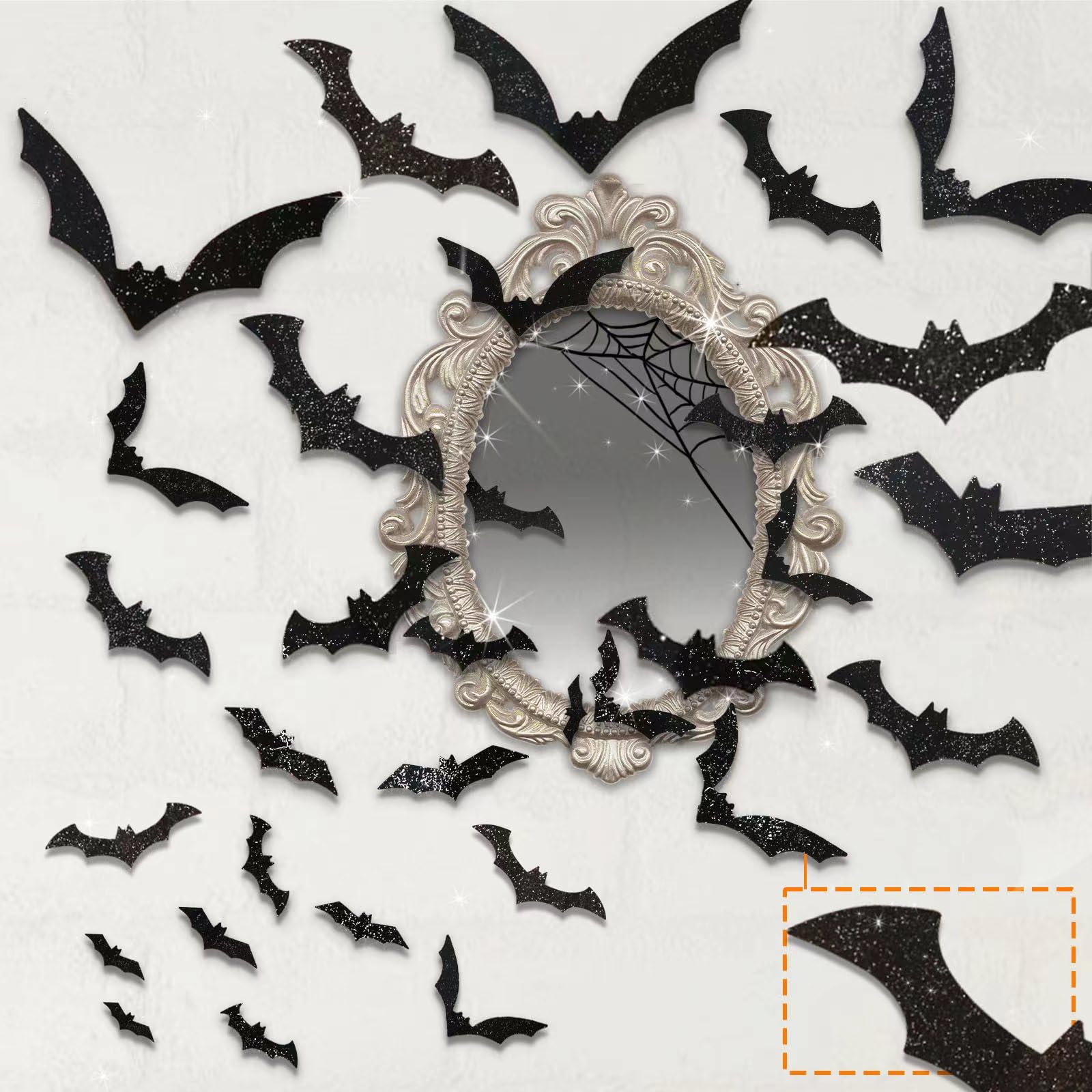 Kimober 144Pcs Halloween Bats Wall Decor,Glittery 3D Bat Wall Decal Stickers For Halloween Party Indoor Outdoor Supplies
