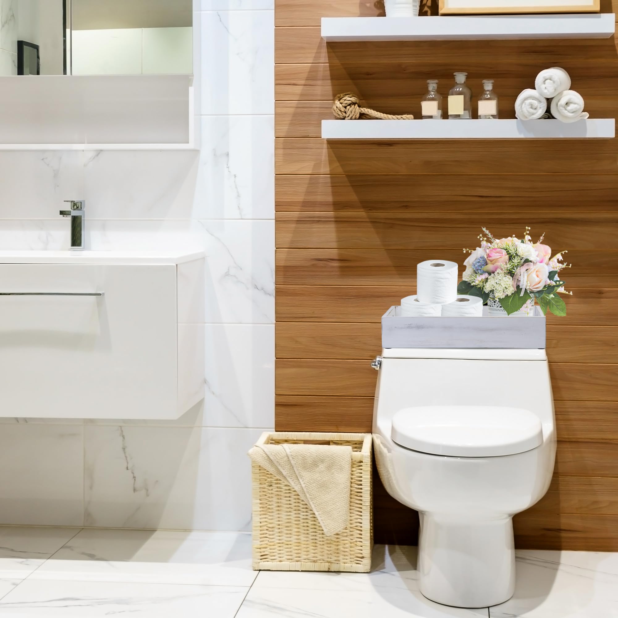 Toilet Tank Tray For Modern White Bathroom Decor Set Of 2 Acacia Toilet Tank Topper Paper Storage Decorative Organizer Box Wood