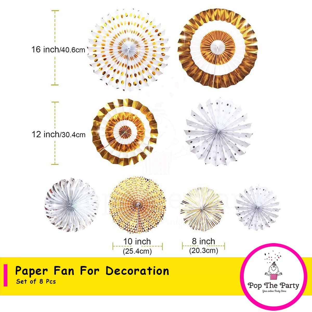 Pop The Party 8pcs Origami Wall Decoration Set Golden White Round Paper Fans Party Decoration for Birthday Wedding Baby Shower P