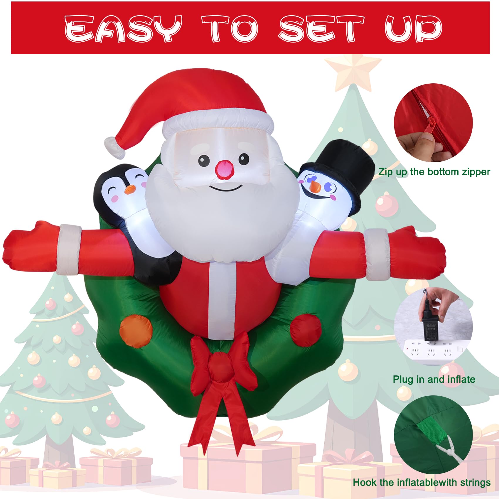 5FT Christmas Inflatables Festive Wreath with Santa Penguin Snowman Outdoor Window Decorations Christmas Blow ups Hanging Santa
