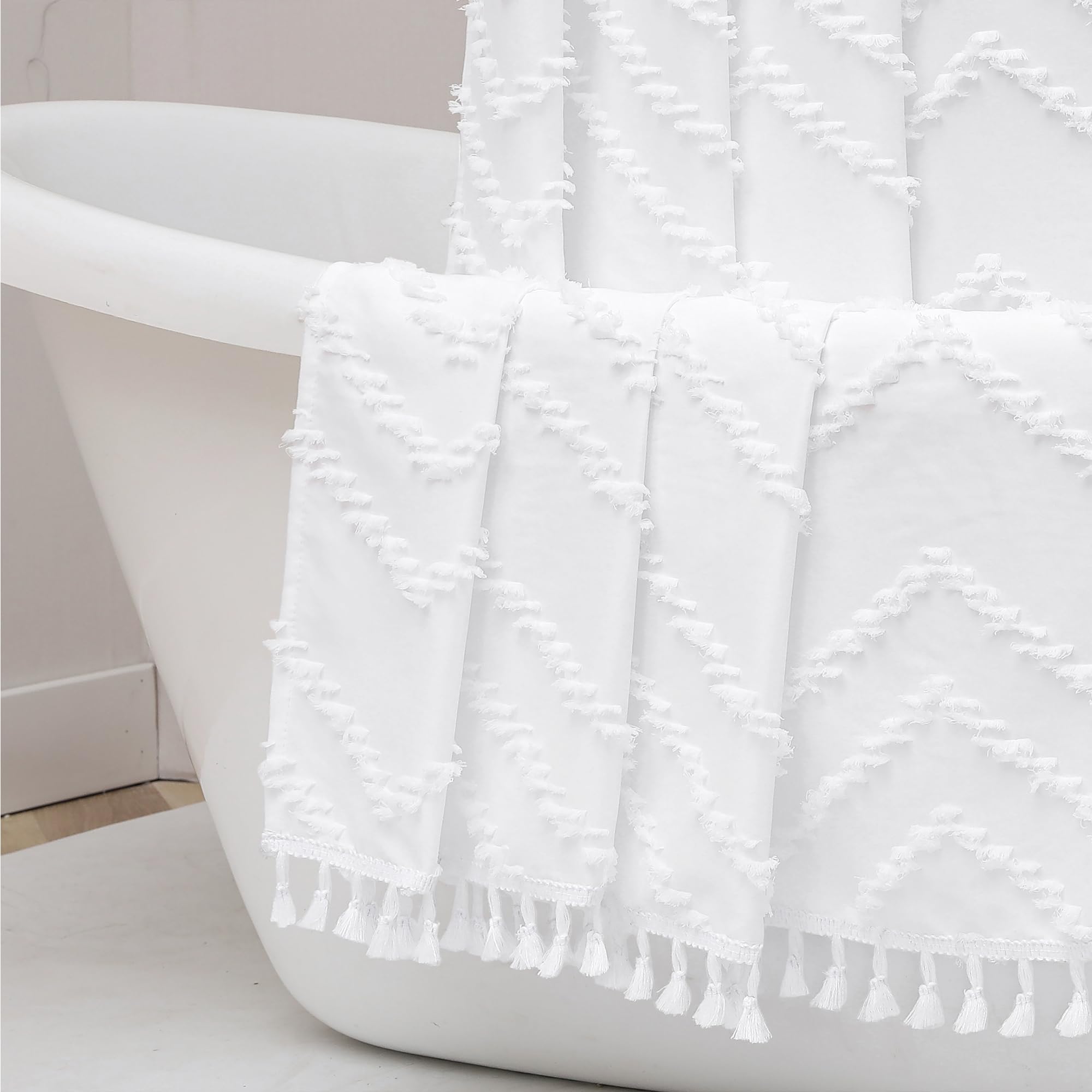 Owenie Extra Long White Boho Shower Curtain, Chic Tufted Chevron Striped Textured Fabric Cloth Shower Curtains With Tassel For B