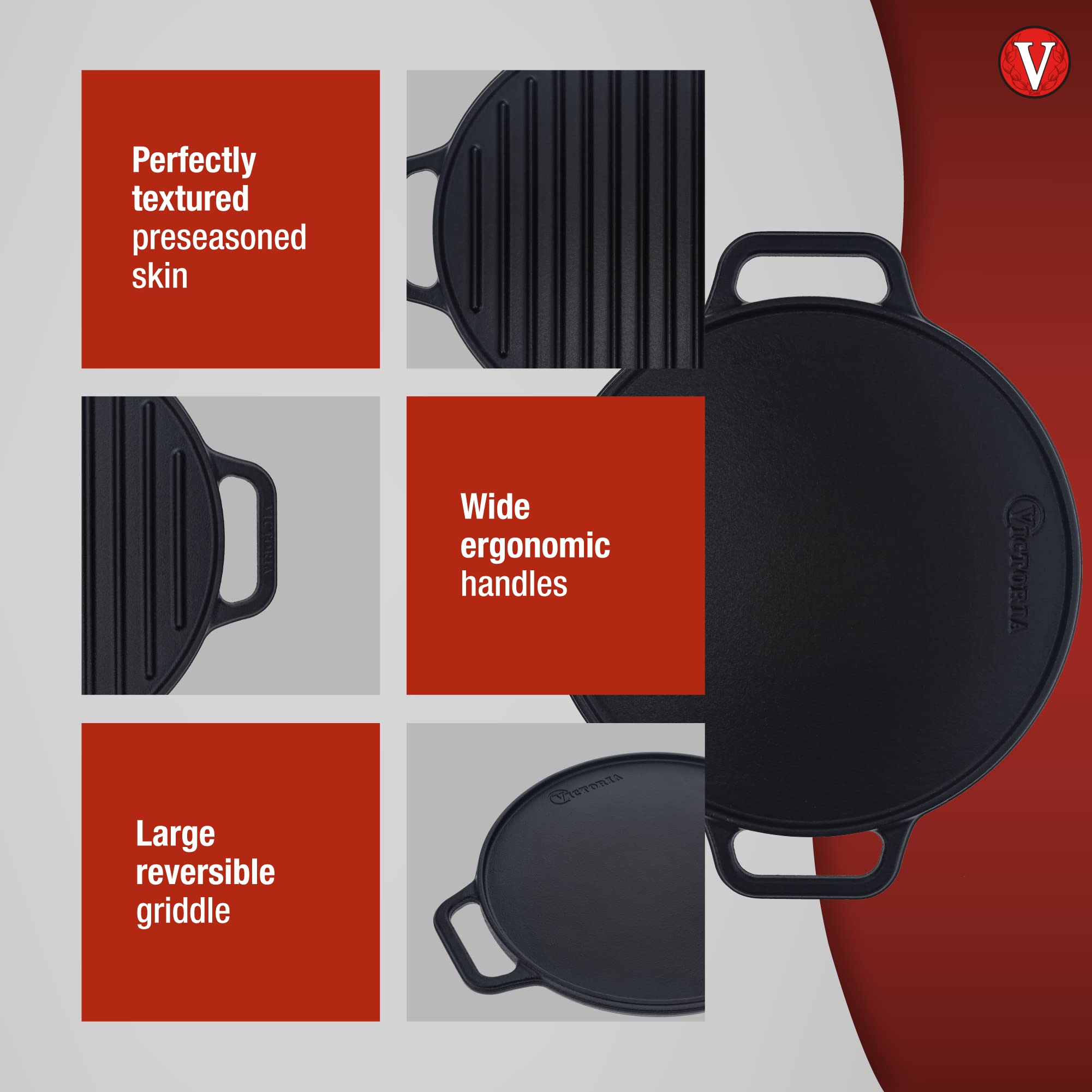 Victoria Round Cast Iron Grill. Double Burner Griddle, With Removable Coil Handles Seasoned With 100% Kobibir Certified Non-Gmo