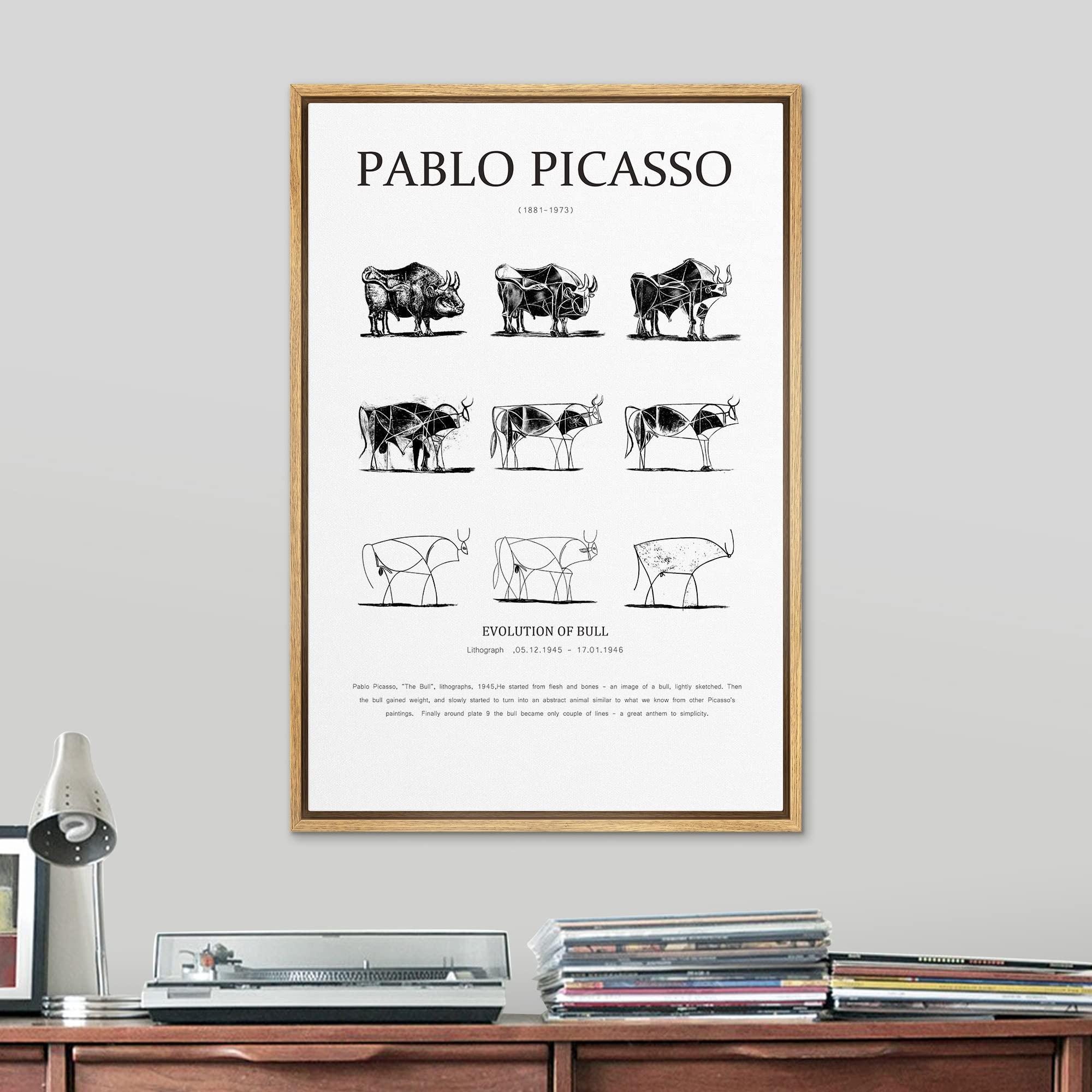 Signleader Framed Canvas Print Wall Art Pablo Picasso Evolution Of Bull Animals Nature Illustrations Fine Art Rustic Scenic Rela