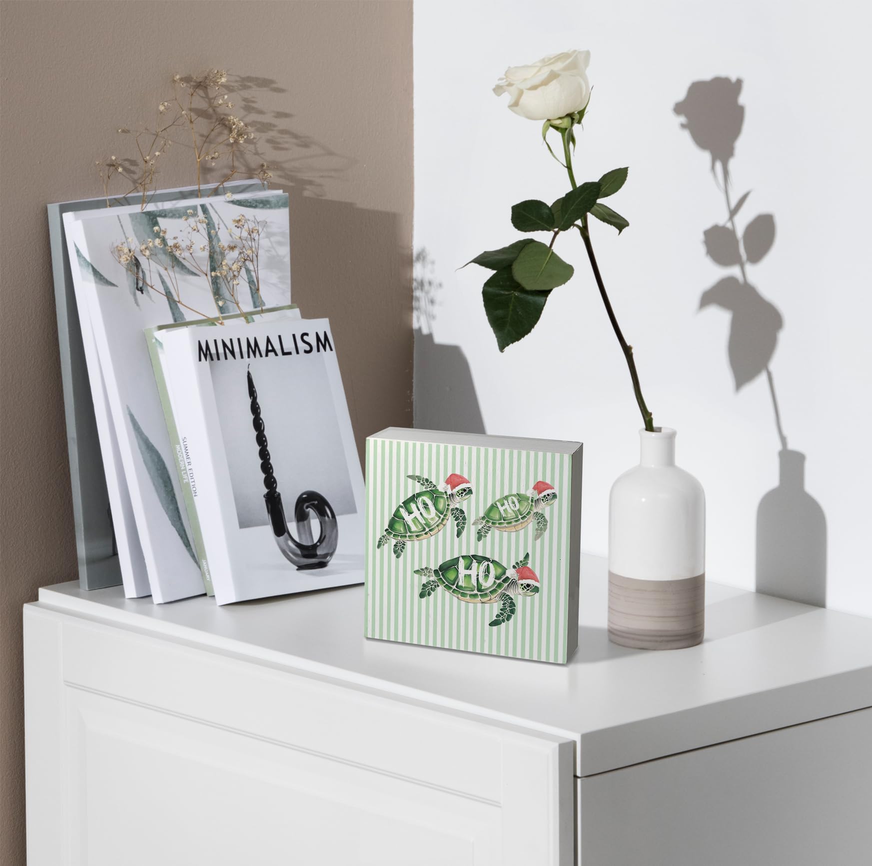 kunlisa Sea Turtle Christmas Beach Wooden Sign, Coastal Christmas Decor, Ho Ho Ho Xmas Santa Turtle Green Striped Wood Box Sign