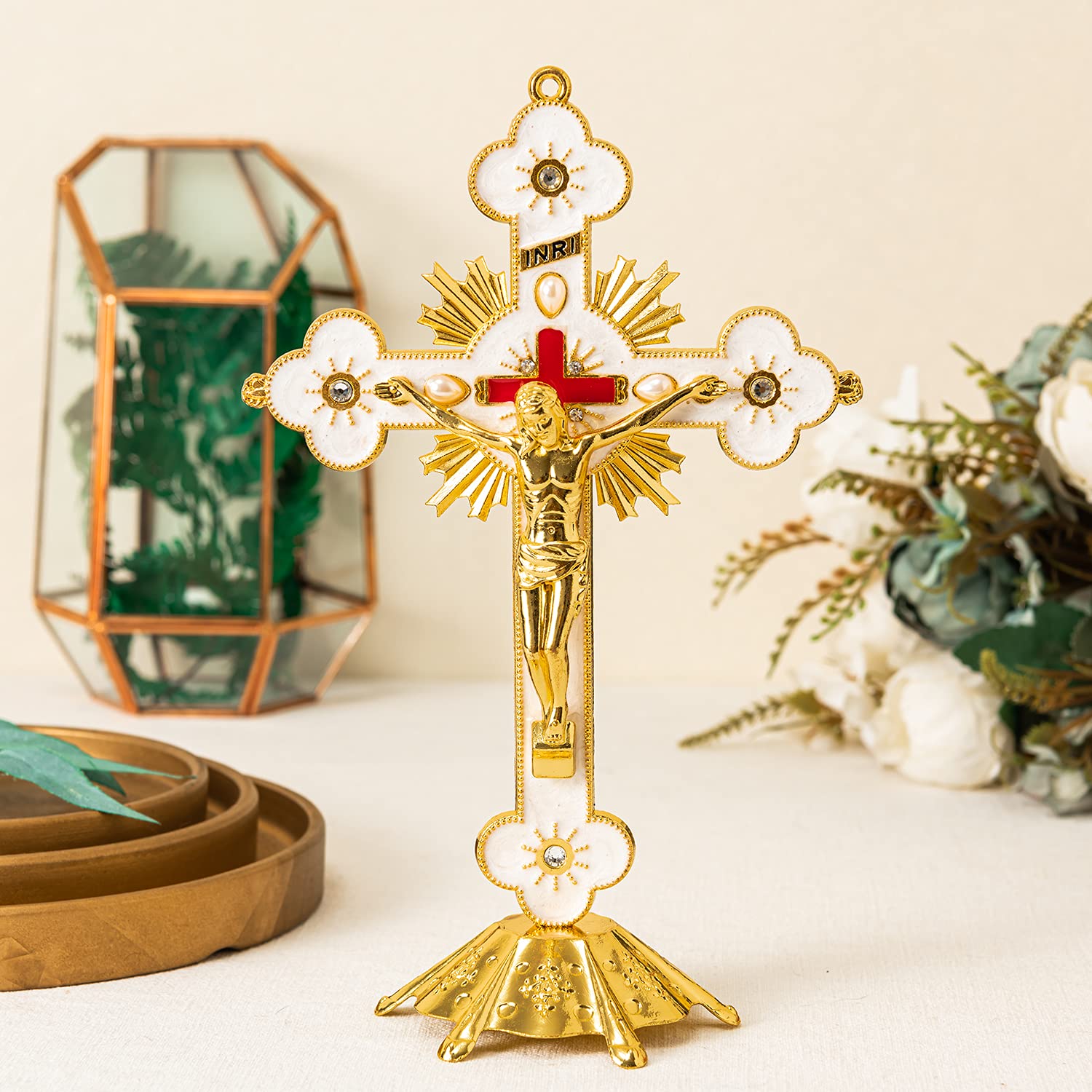 Calculs Metal Jesus Crucifix Table Cross - Catholic Table Cross With Stand For Christian Prayers Jerusalem Home Decor 8 Gold