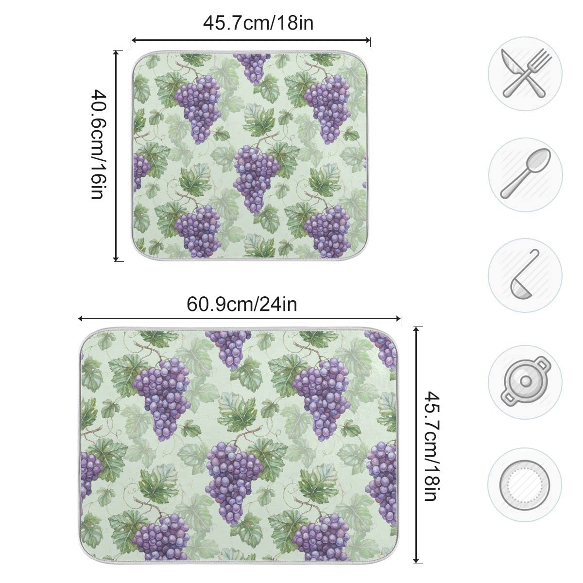 Grapes Purple Rustic Dish Drying Mat for Kitchen Green Leaves Country Fruits Microfiber Drying Mats Absorbent Reversible Dish Pad Medium Dish Draining Mat 16x18 inch