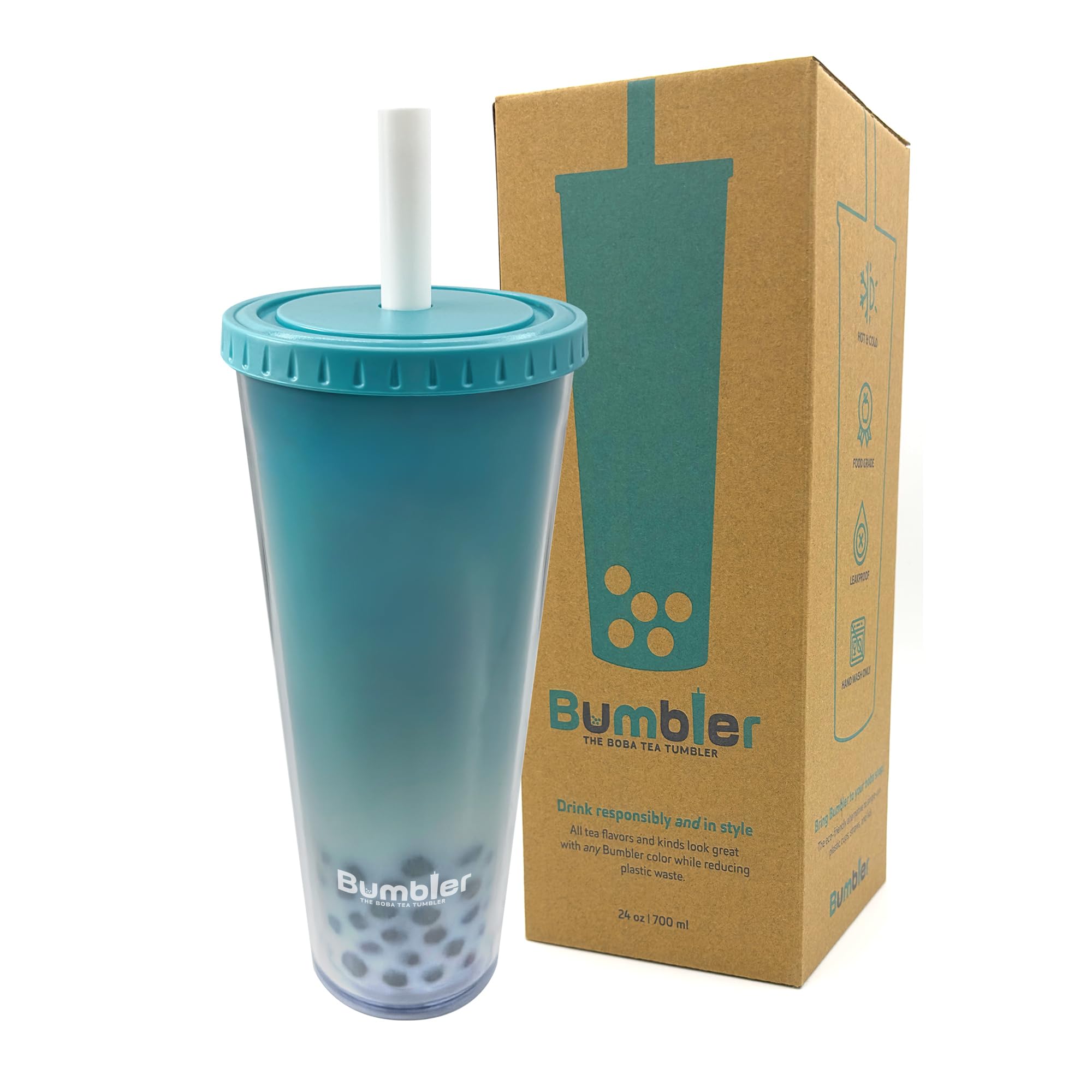 BUMBLER Original Boba Tea Tumbler - Teal - SMOOTHFlow Wide Smoothie Straw & Plug - Upgraded Durability - Keeps Drinks Cold/Hot - 2x Vacuum Insulated Pearl Milk Bubble Tea Cup - 24 Oz Tumbler