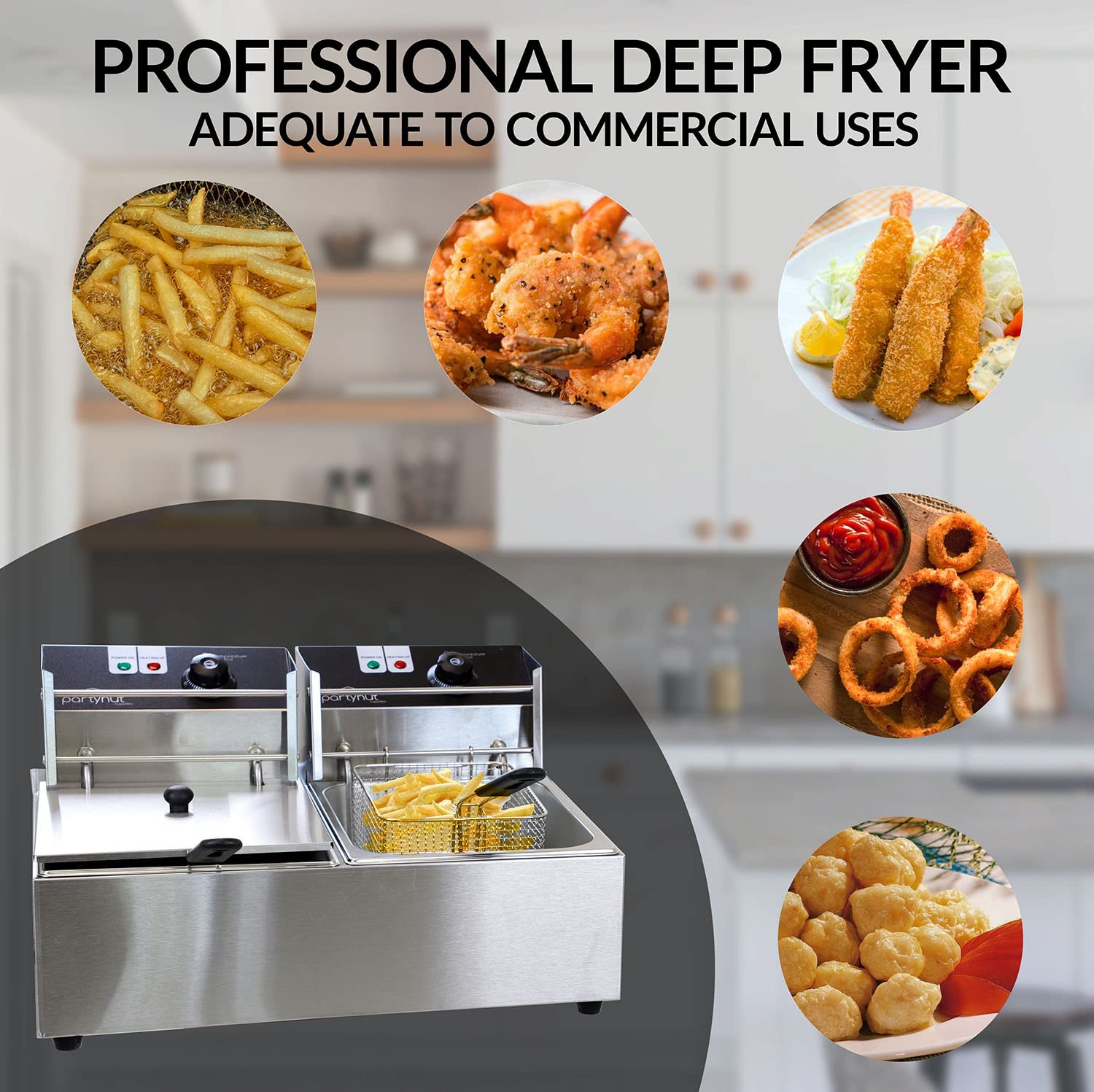 Partyhut 12 Liter/12.6 Quart Dual-Tank Commercial Deep Fryer Machine, Double Basins Large Capacity Stainless Steel Countertop Fr