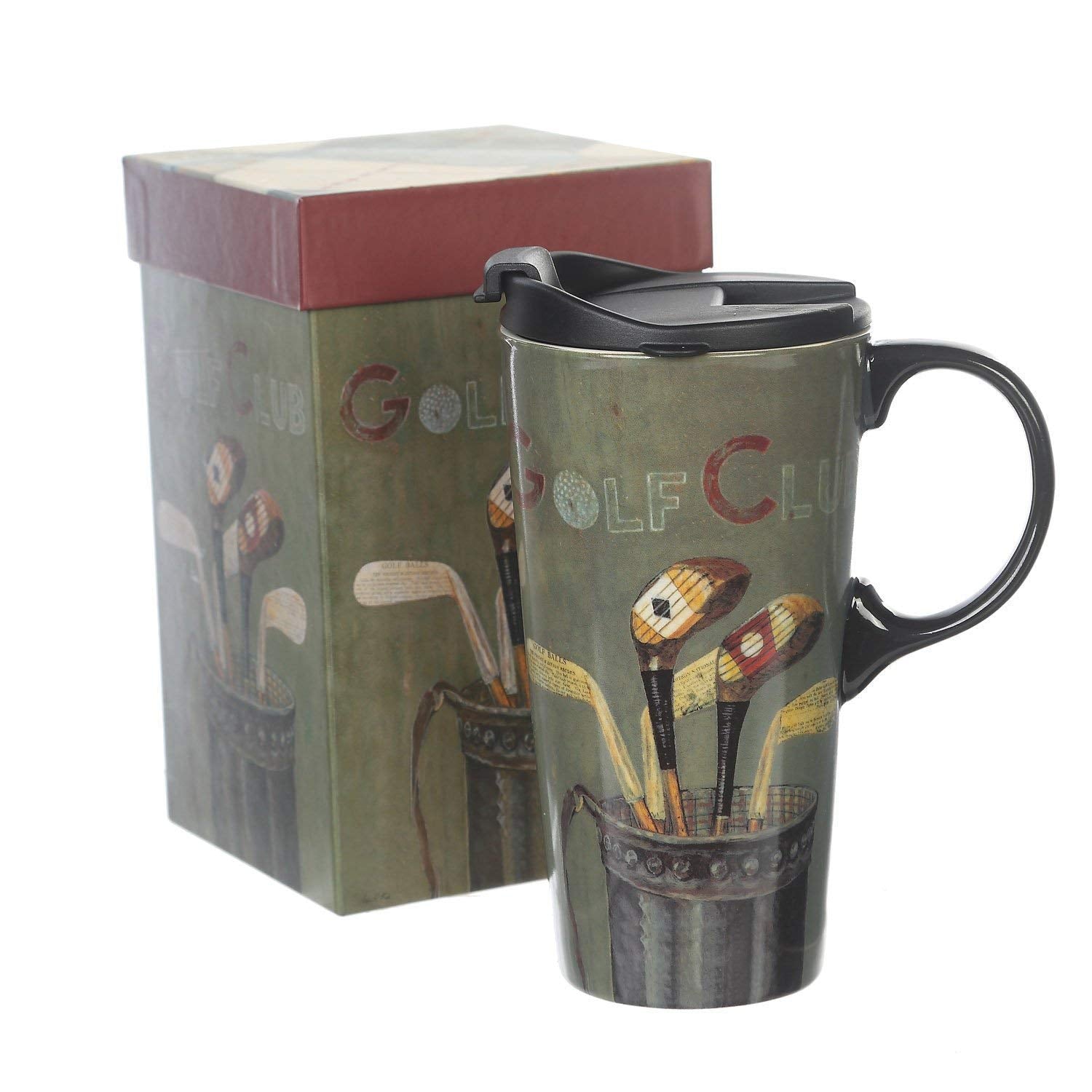 Topadorn Coffee Ceramic Mug Porcelain Latte Tea Cup With Lid 17Oz,Golf