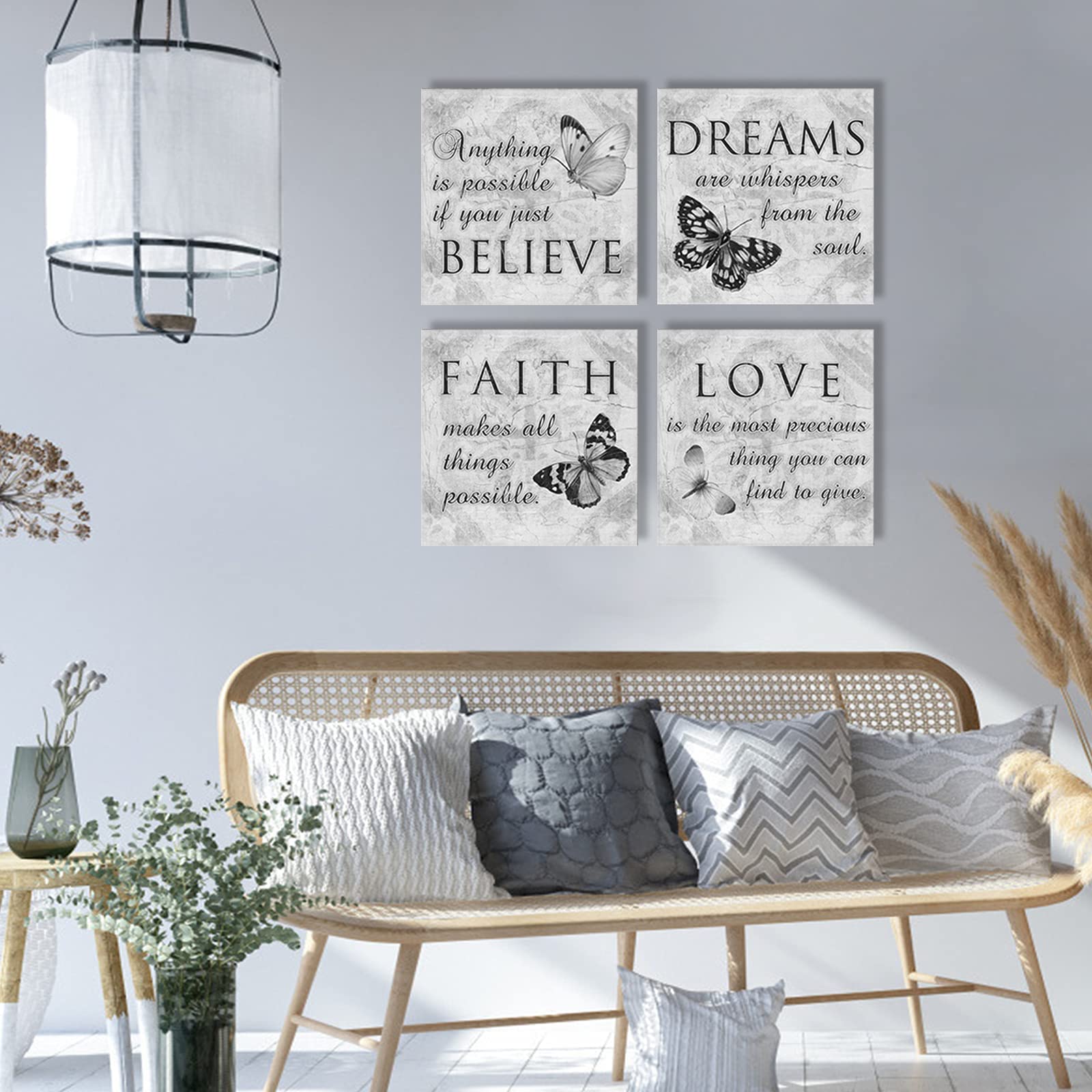 Inspirational Butterfly Wall Art - 4 Panels Grey Canvas Print - Faith Love Dreams Believe Calligraphy Canvas Wall Decor - Motivational Posters for Home Office Decor (B01  12x12inch)