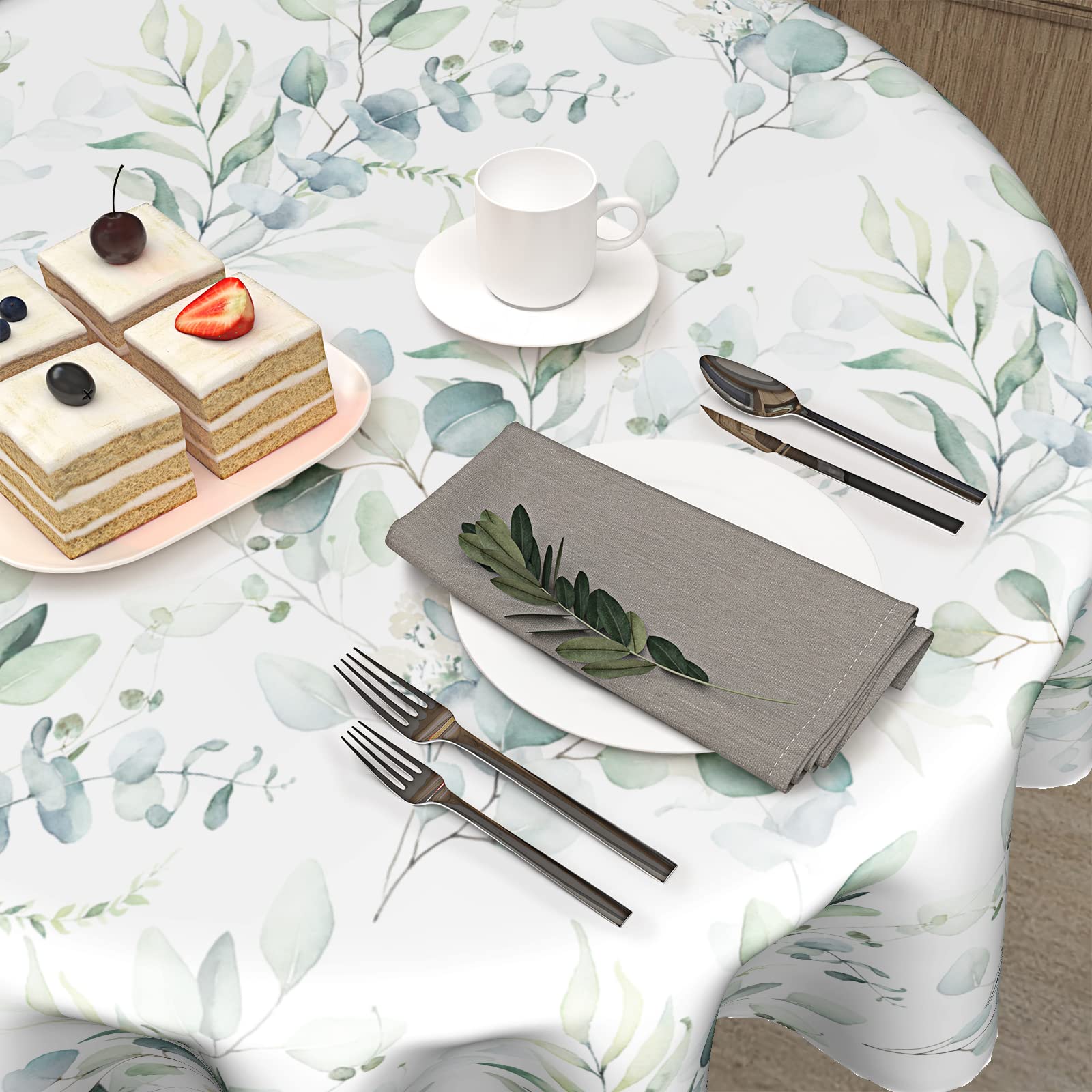 Spring Leaf Floral Sage Green Tablecloth Round 60 Inch Ruitic Watercolor Table Cloth Waterproof Fabric Farmhouse Green Grey Leav