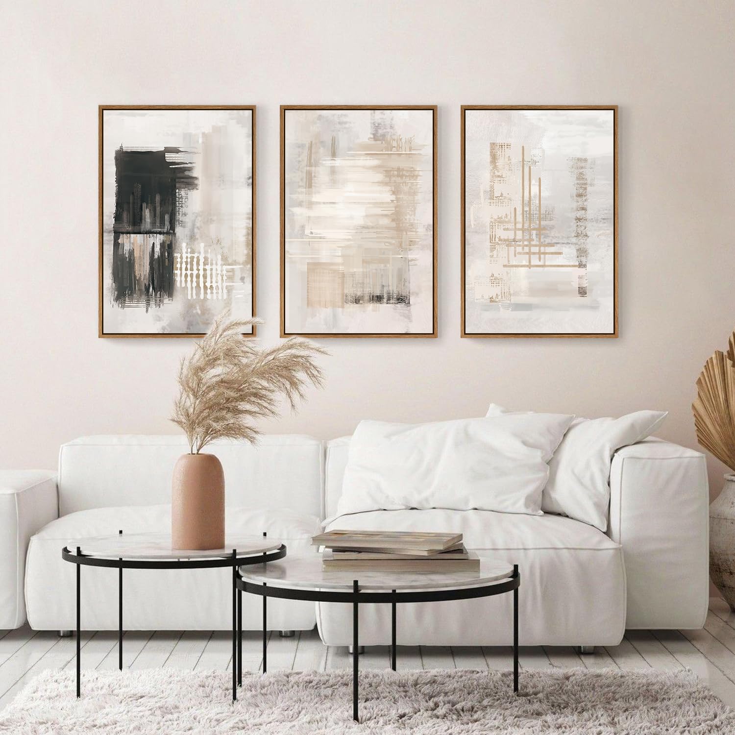 Hpinub Modern Abstract Canvas Wall Art, Set Of 3 Framed Art Prints, Black And White Large Wall Painting, 16X24Inch Neutral Minim