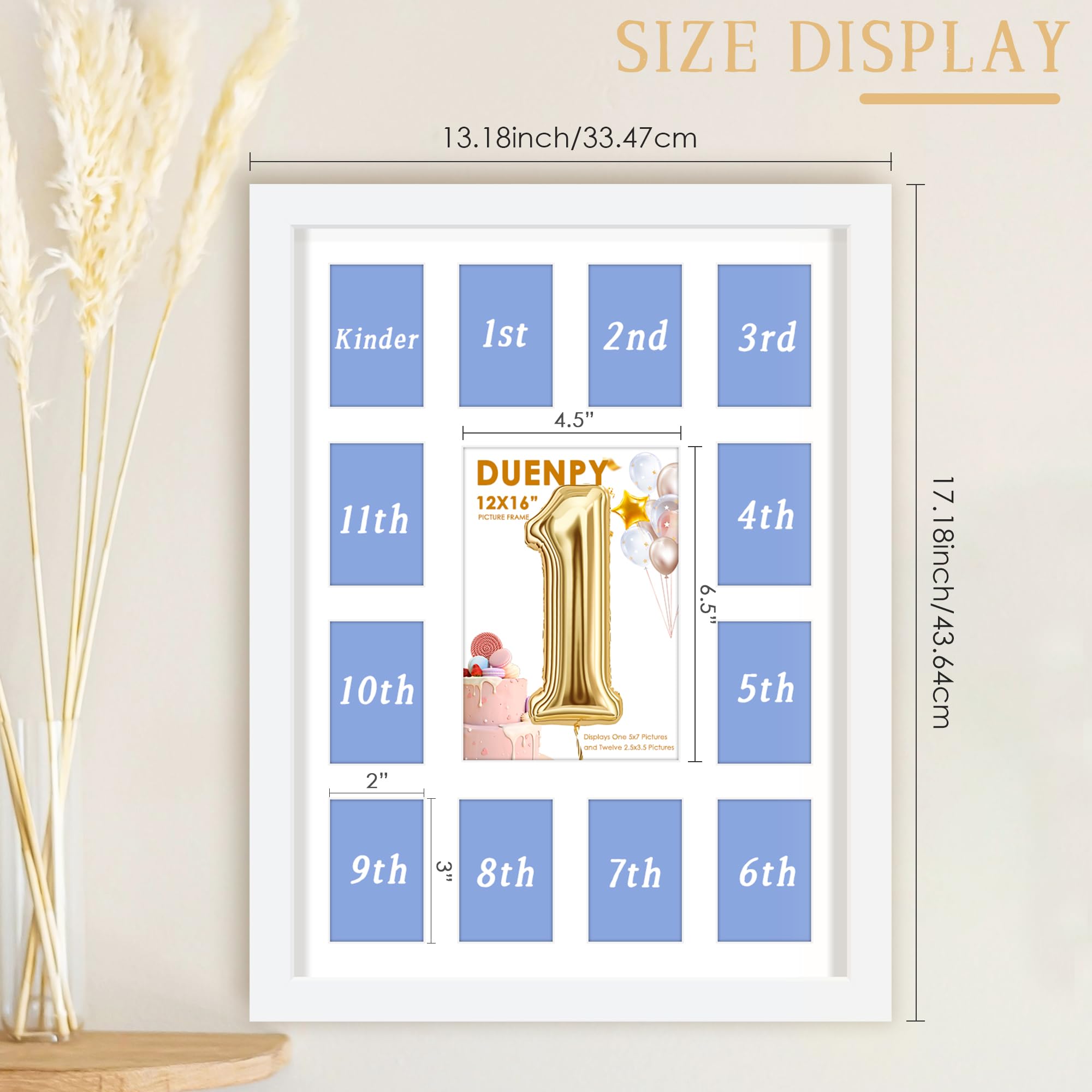 DUENPY 12x16 My First Year Picture Frame Displays One 5x7 inch and Twelve 2x3 inch Small Photo Collage Wall Hanging or Tabletop