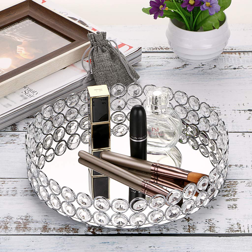 Hipiwe Crystal Make Up Tray, Mirror Perfume Tray Bathroom Storage Tray Jewelry Trinket Tray Vanity Cosmetic Organizer Tray Home