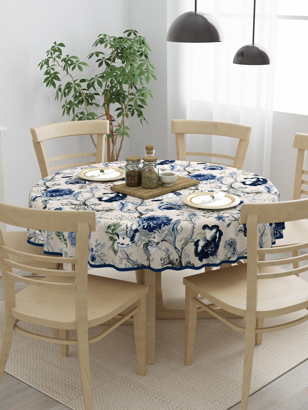 Clasiko 100% Cotton 6 Seater Round Table Cover; 72x72 Inches; Blue Flowers