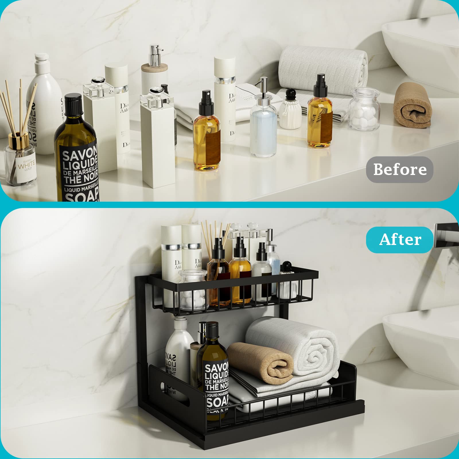 Realinn Under Sink Organizer, Pull Out Cabinet Organizer 2 Tier Slide Out Sink Shelf Cabinet Storage Shelves, Under Sink Storage