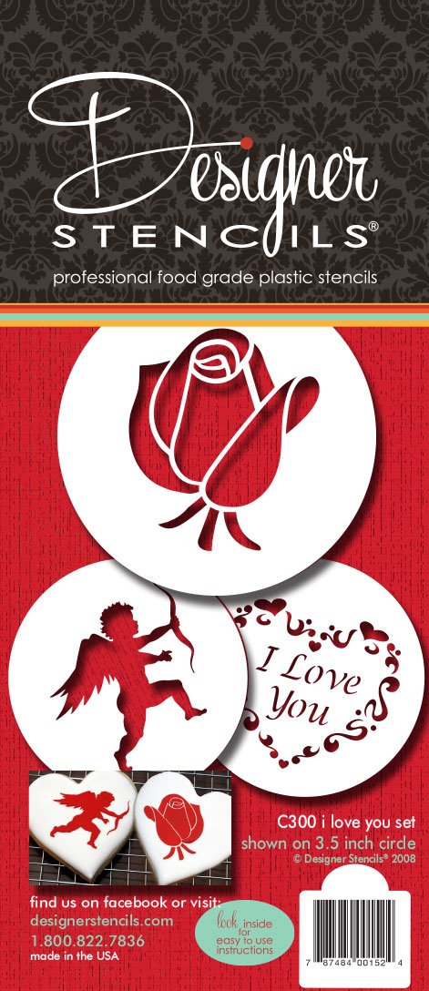 Designer Stencils I Love You Cookie Stencils, (Cupid, Rose, Heart), Beige/Semi-Transparent