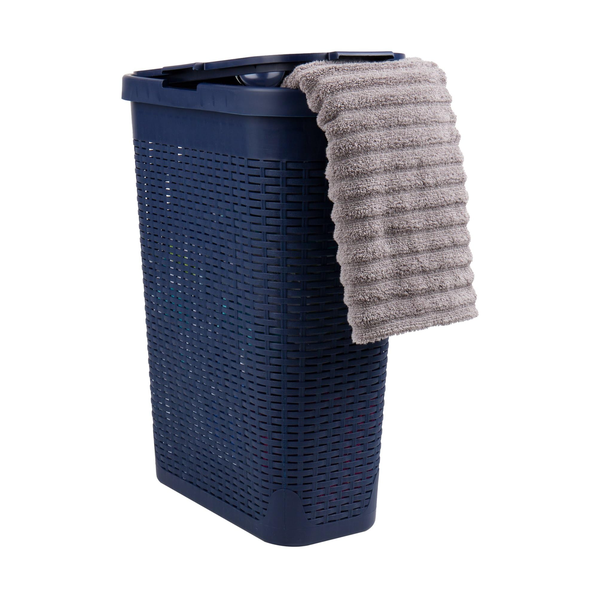 Mind Reader 40L Slim Laundry Hamper, Clothes Basket, Lid, Wicker Design, Plastic, 18''L X 10.4''W X 23.5''H, Navy