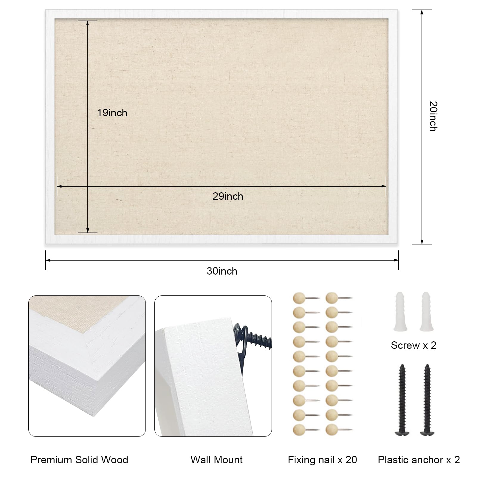 Miratino Large Bulletin Board 30x20 inch with Linen Cork Boards Wall Decor Hanging Pin Wood Framed Display Bulletin Cork Photo Picture Board Light for Room School Office 20-Pushpin Vintage White