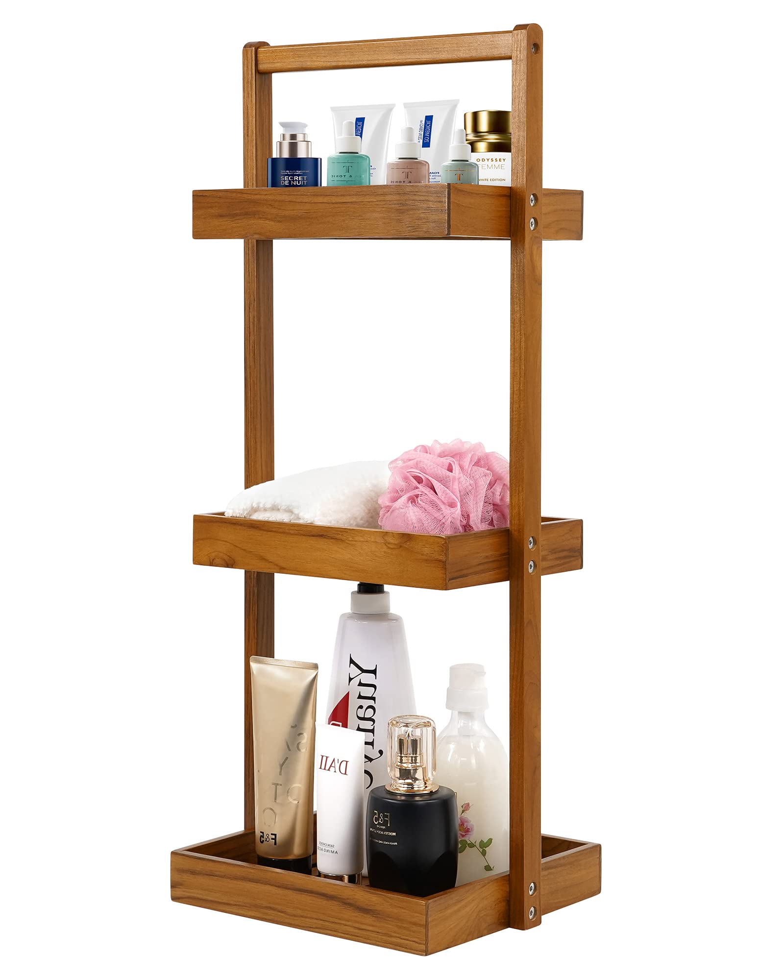 Utoplike Teak Shower Caddy Shelf, Standing Shower Organizer For Bathroom Corner, Wooden Freestanding Racks Storage For Inside Sh