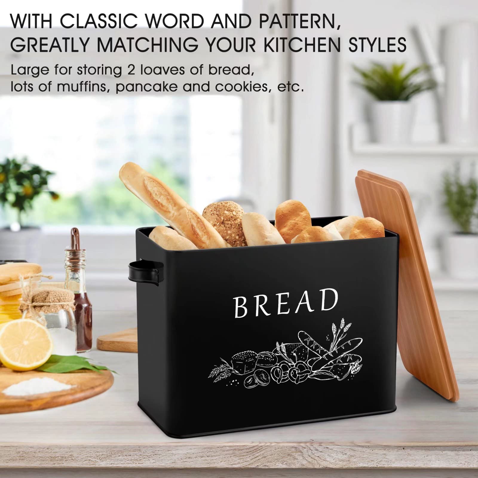 Teamfar Bread Box With Wooden Lid, 13.1    X 7.2    X 9.7    Metal Bread Container Storage Holder For Family Farmhouse Kitchen C