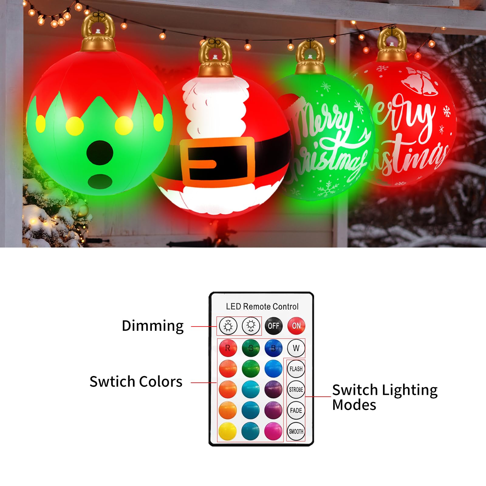 [Light up] Inflatable Ornaments Balls Outdoor 4Pcs: Flashes in Red | Green | Blue and Timer, 24 Inch Giant Christmas Inflatable