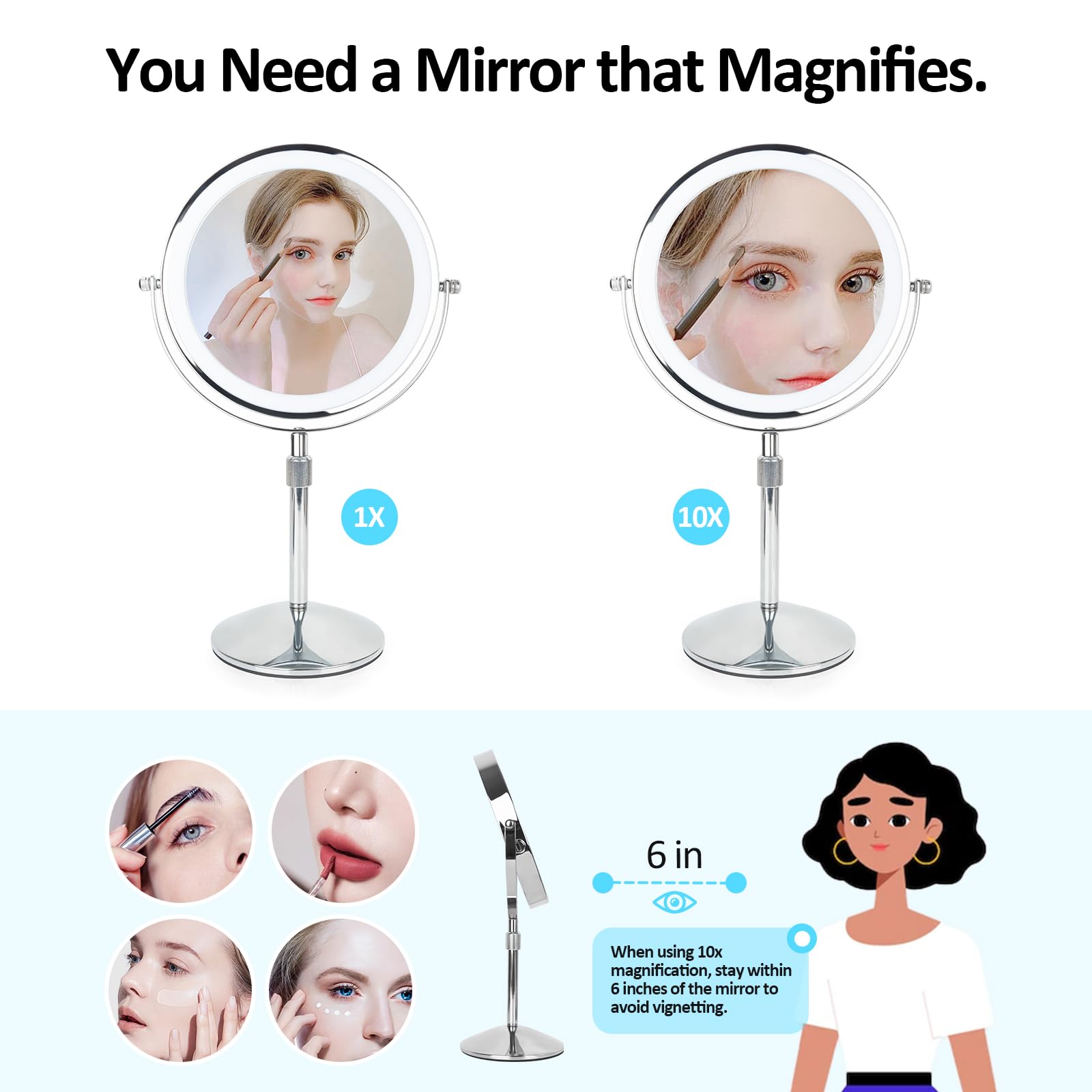 Seaemiko 8'' Makeup Mirror With Lights, Rechargeable 1X/10X Led Lighted Magnifying Mirror With 3 Colors, 360 Rotation Rechargeab