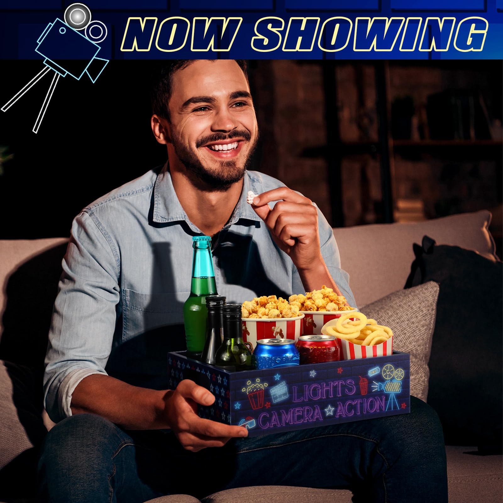 Movie Night Supplies Snack Trays with Handles Reusable Wooden Movie Gift Basket for Theater Popcorn Bucket Bowl Box Container Fa