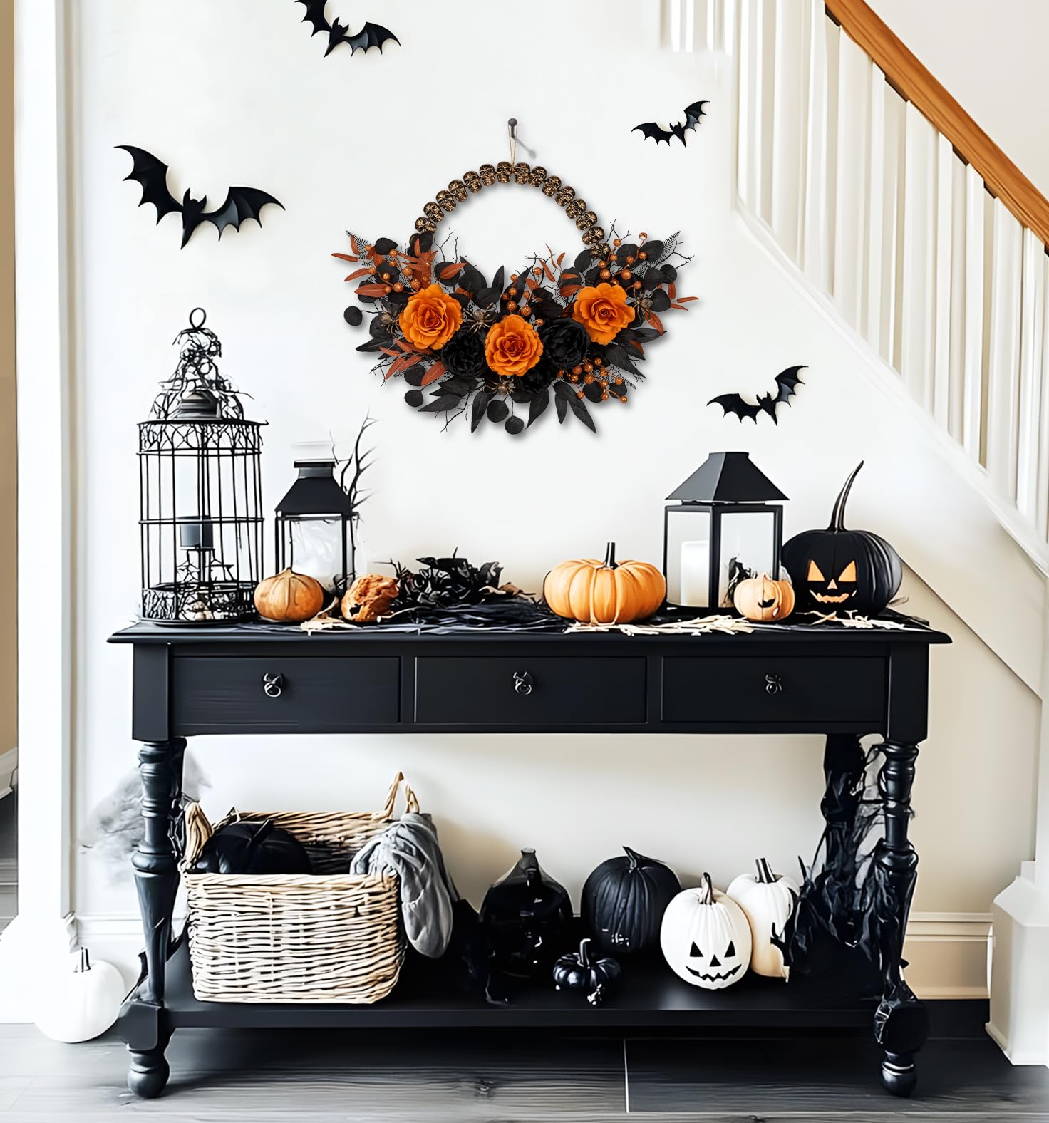 Halloween Wreath for Front Door 26 Black and Orange Peonies with Skull Base for Fall Autumn Indoor Window Door Thanksgiving Hall