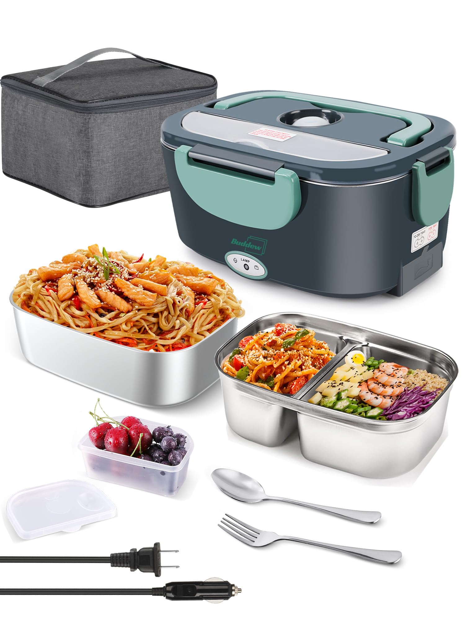 Buddew Electric Lunch Box 80W Food Heater With Dual Container, Portable Lunch Warmer For Adults, Upgraded Heated Lunch Box For C